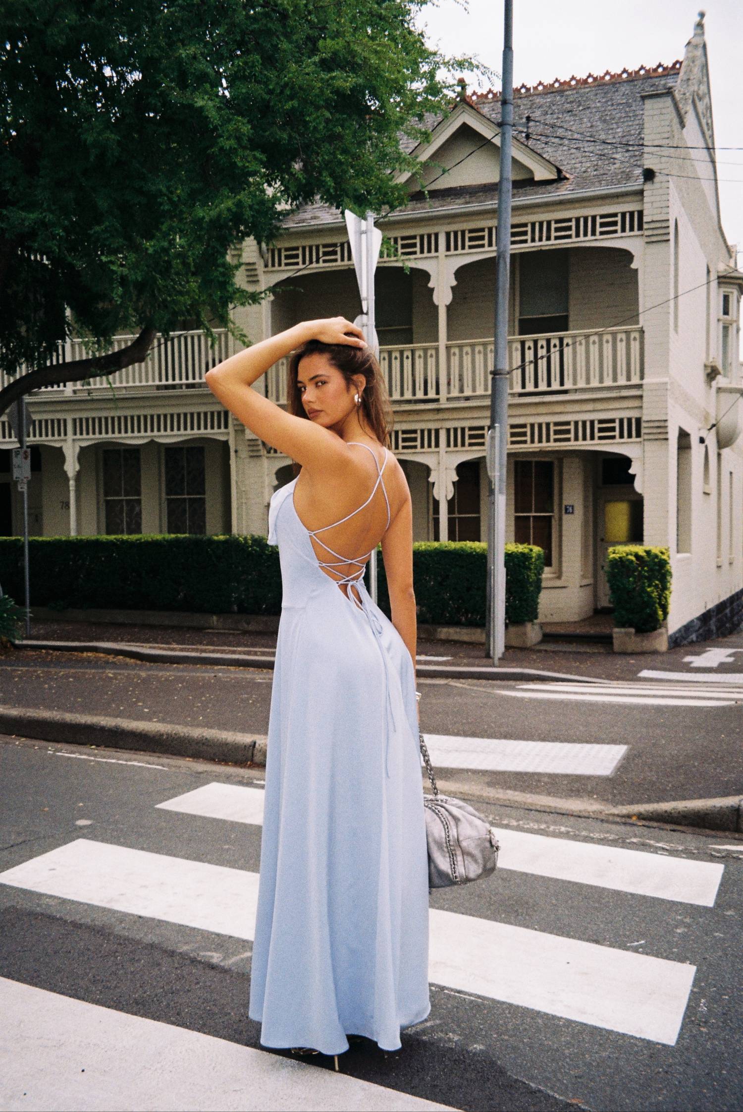 Pre-order: Frill Backless Maxi Dress | Baby Blue Satin