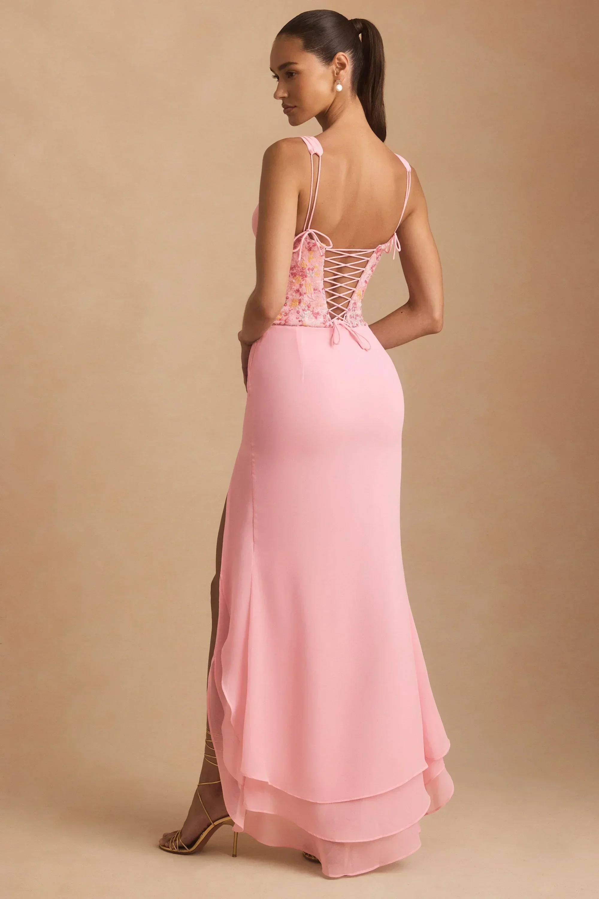 Embellished Plunge Ruffled Corset Maxi Dress in Pink