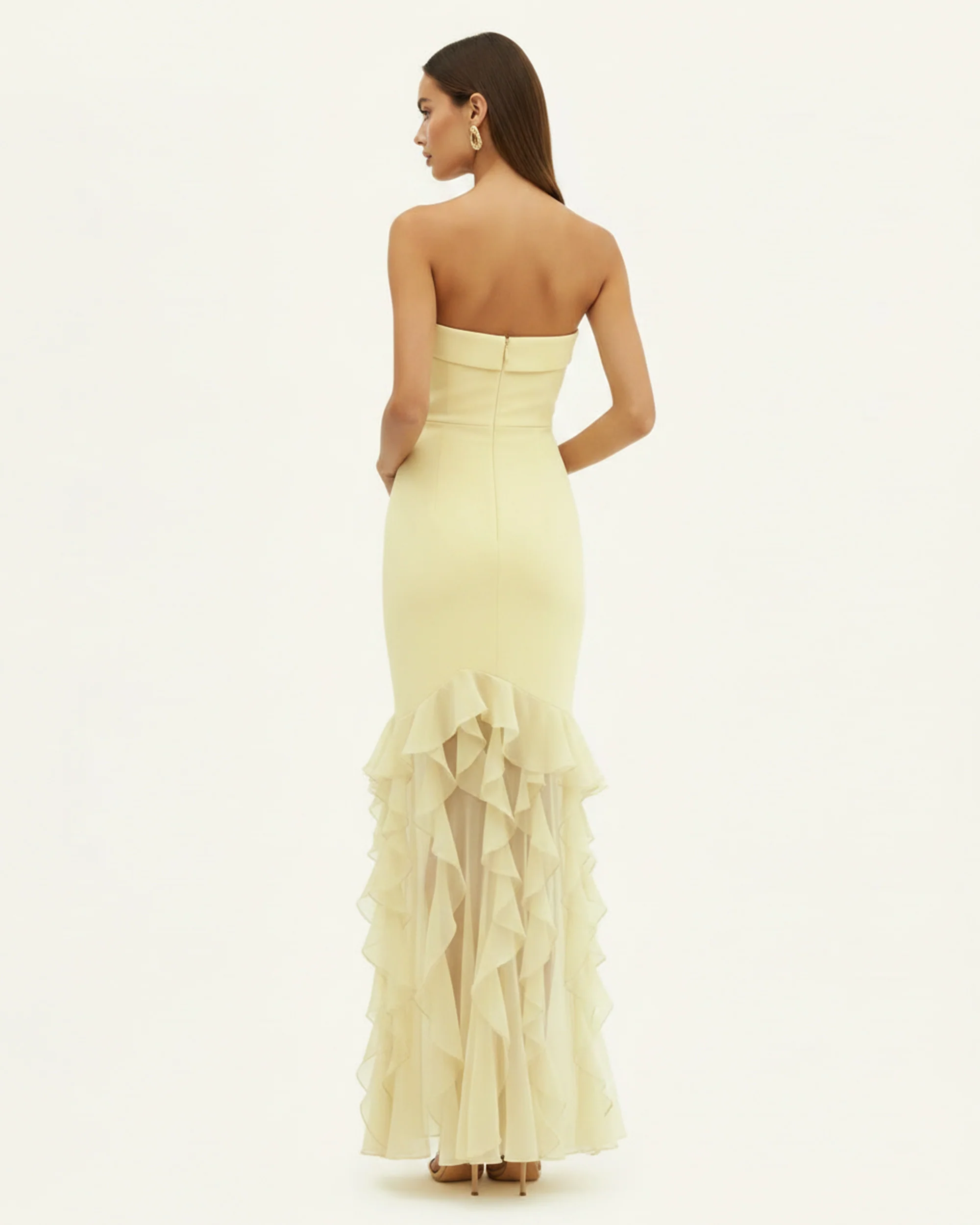 Orchid Embroidered Ruffled Strapless Maxi Dress - Pale Yellow