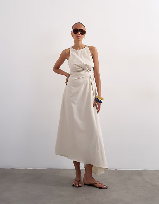 Topshop cotton poplin tucked side racer neck maxi dress in stone