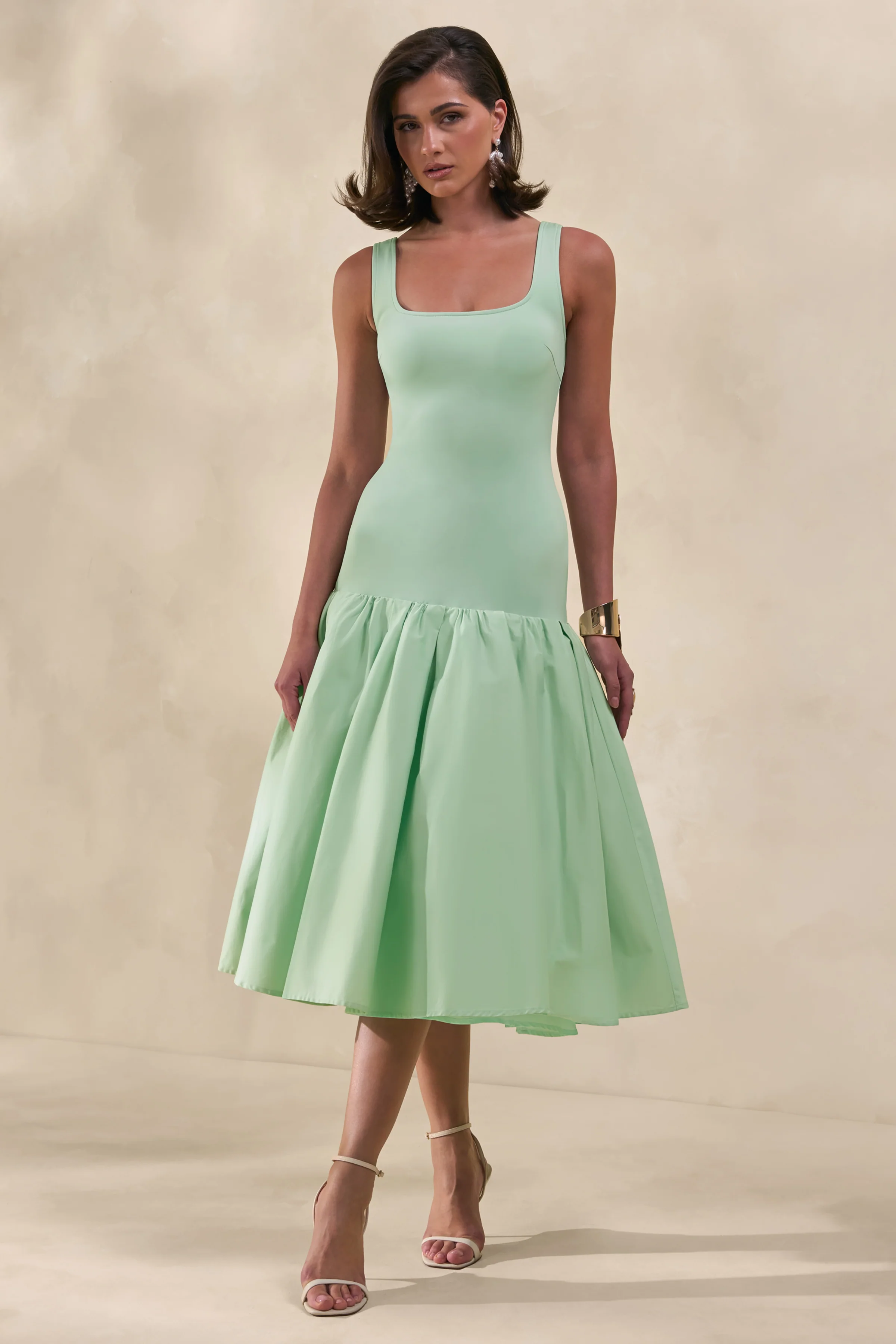 Nanette | Mint Square-Neck Midi Dress With Voluminous Skirt