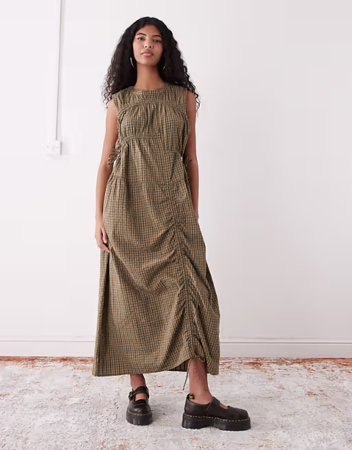 COLLUSION multi channel midi dress in green plaid