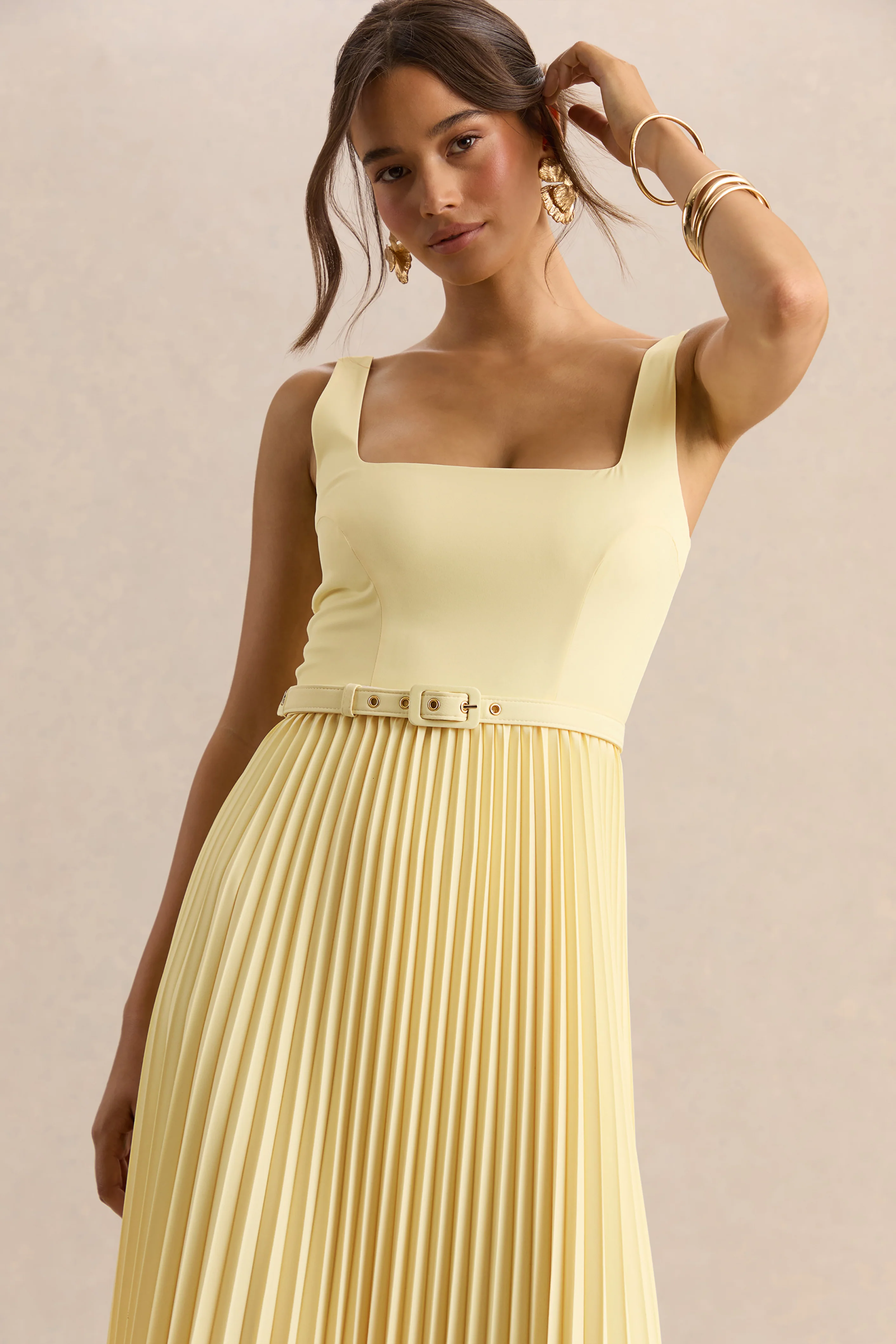 Danika | Lemon Square-Neck Belted Maxi Dress With Pleated Skirt