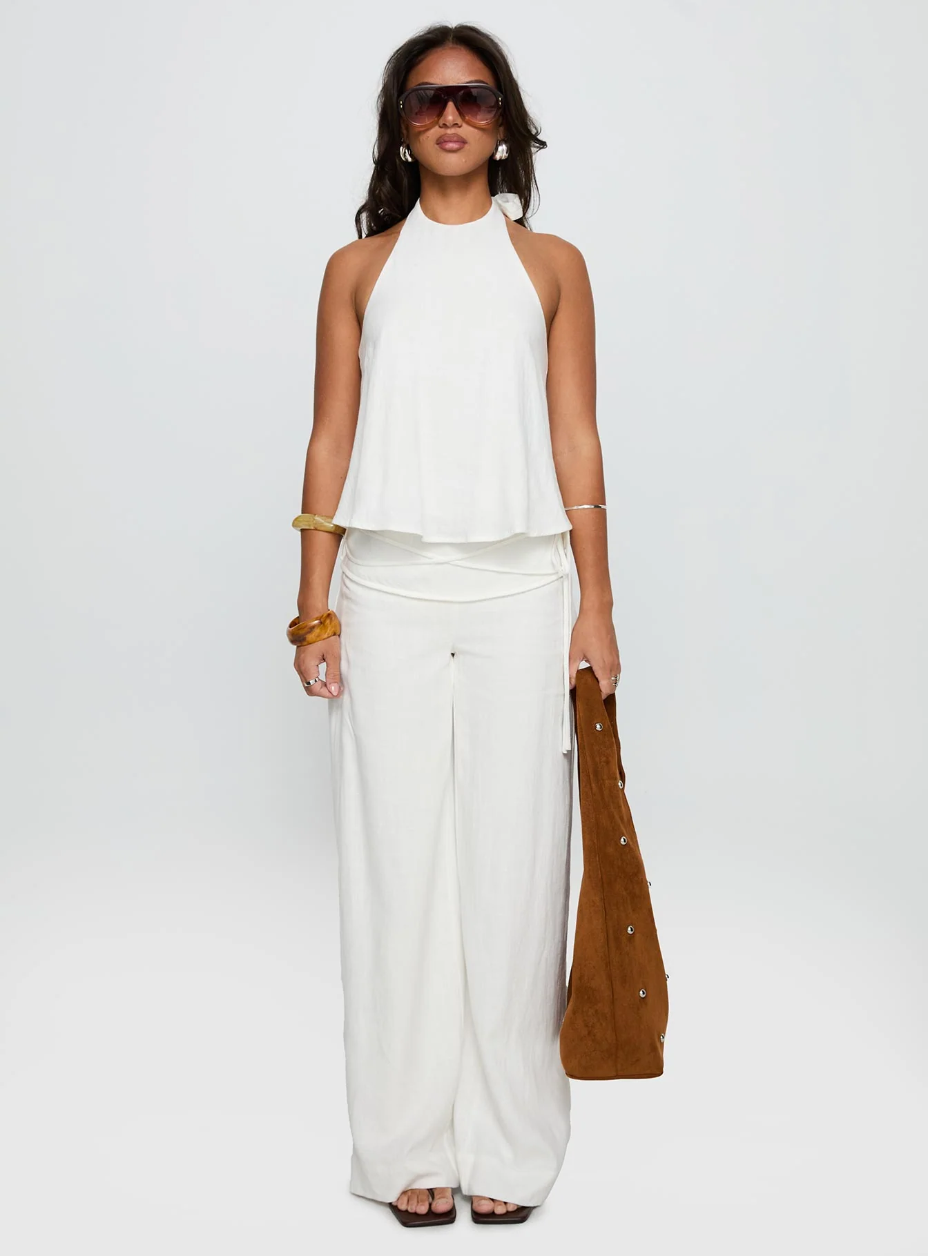 Aquaria Halter Linen Blend Top White