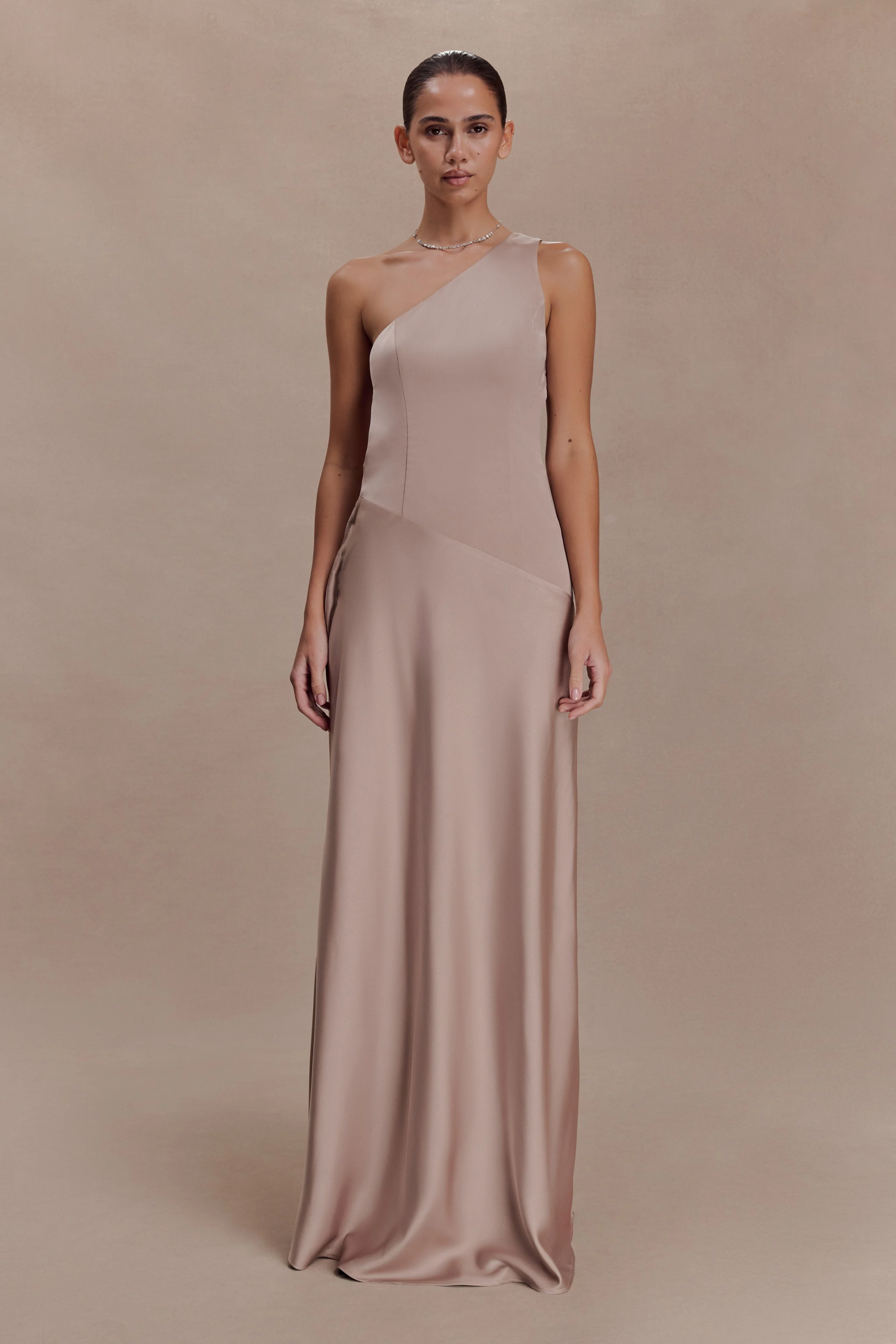 Lyla Asymmetrical Satin Maxi Dress - Bronze Taupe