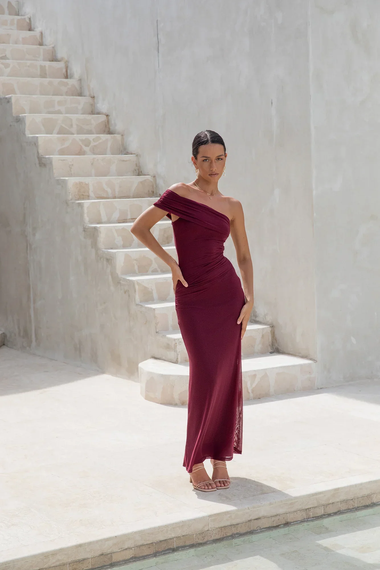 Dahlia One Shoulder Mesh Maxi Dress Maroon