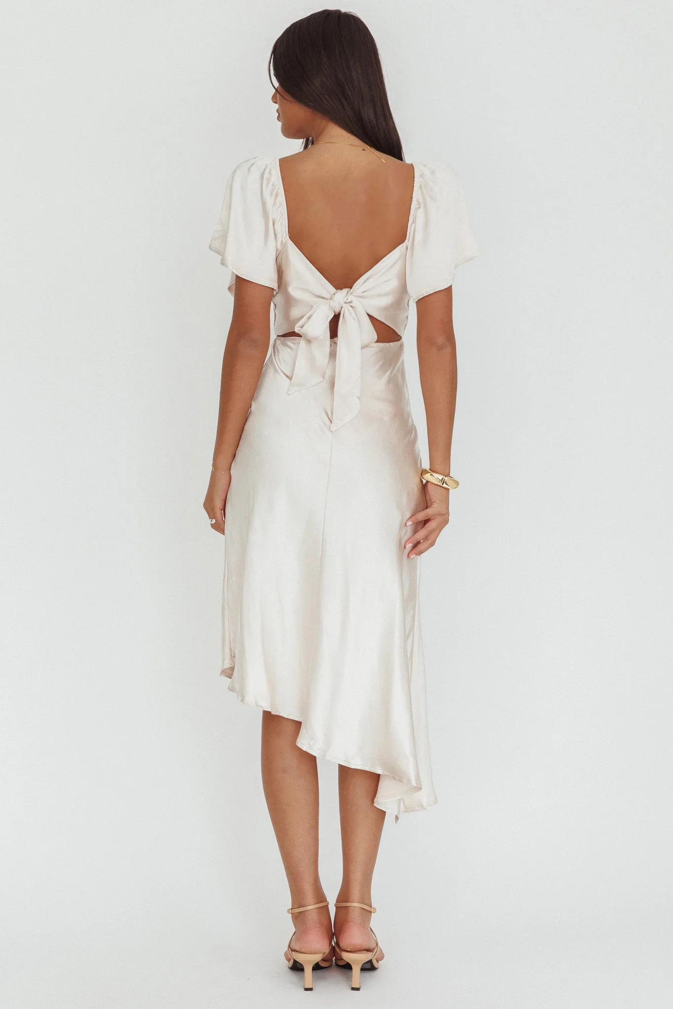 Grayson Tied Back Asymmetrical Midi Dress Champagne