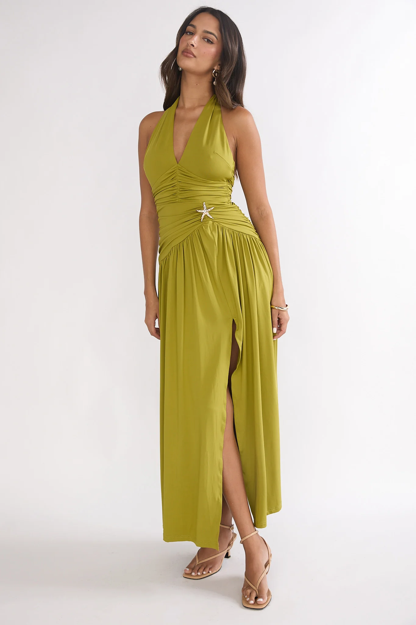 Nightbloom Ruched Waist Halter Maxi Dress Olive