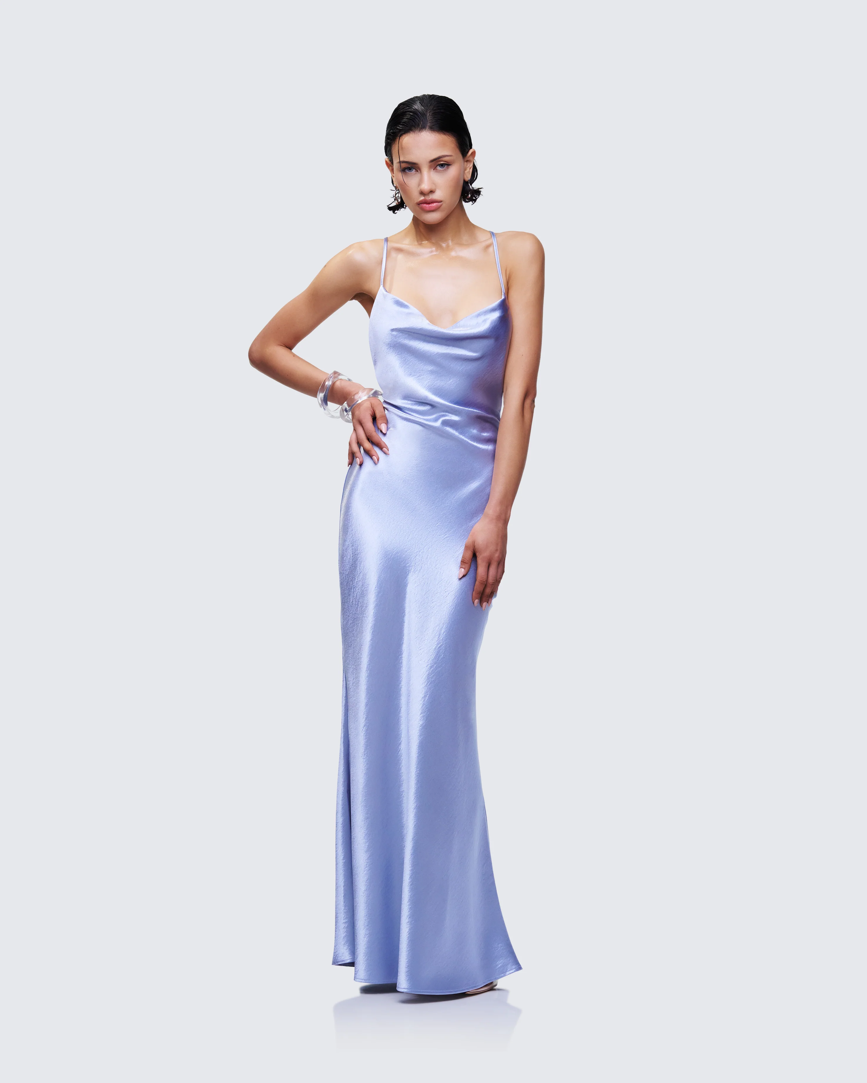 Elspeth Blue Satin Bias Slip Maxi Dress