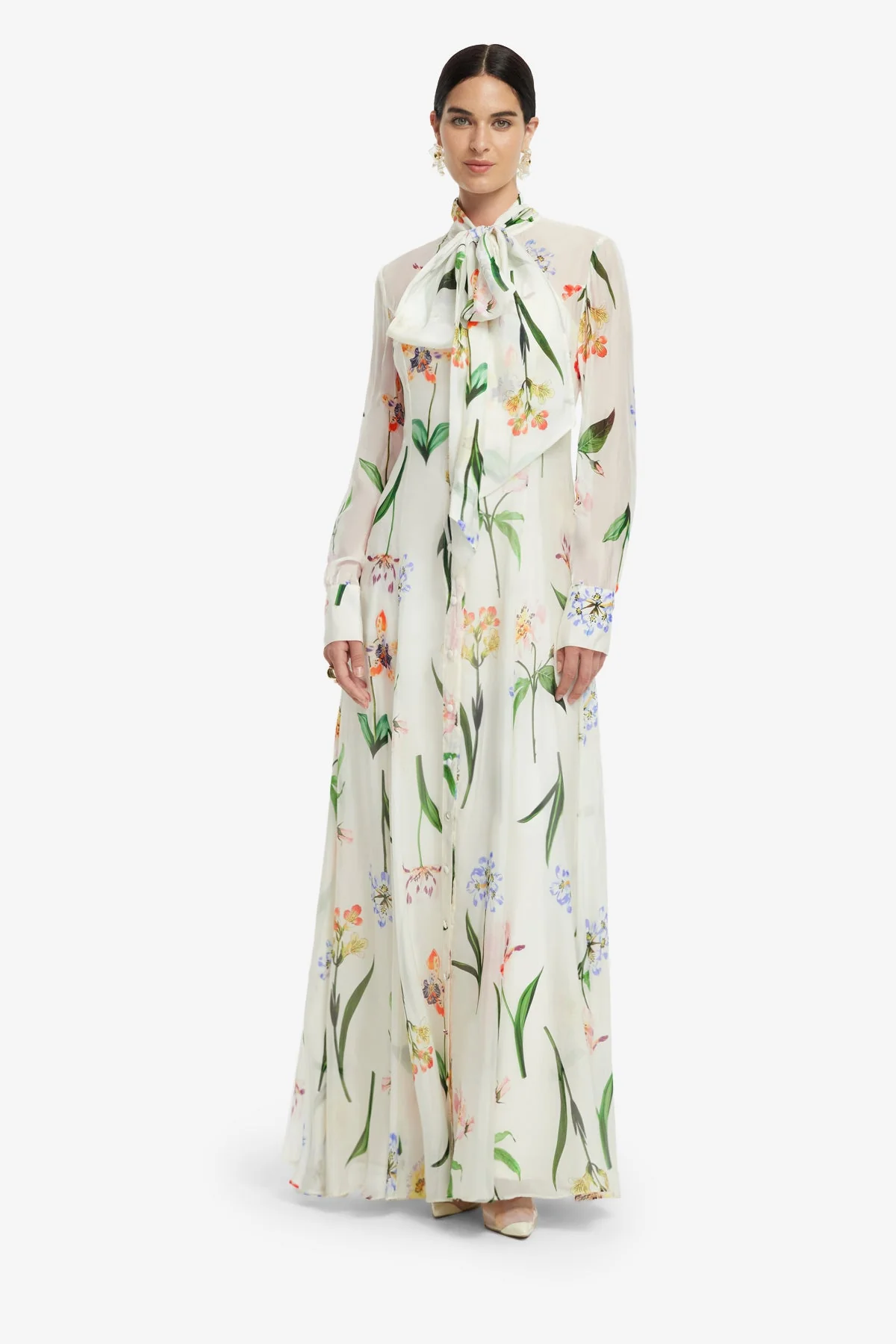 Lilith Tie Neck Maxi Dress - Botanical Print in Snow