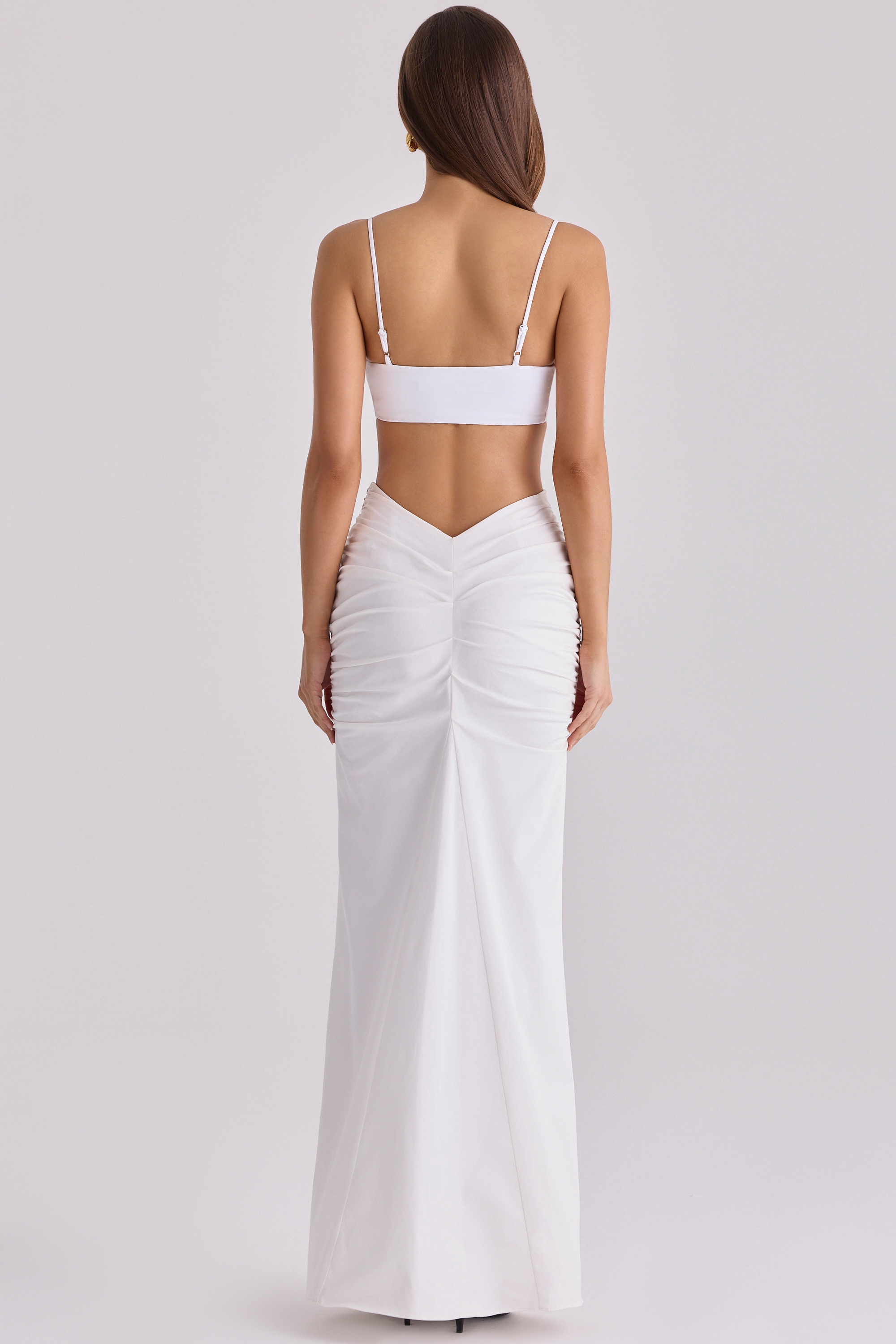 White Cotton V Back Draped Maxi Skirt