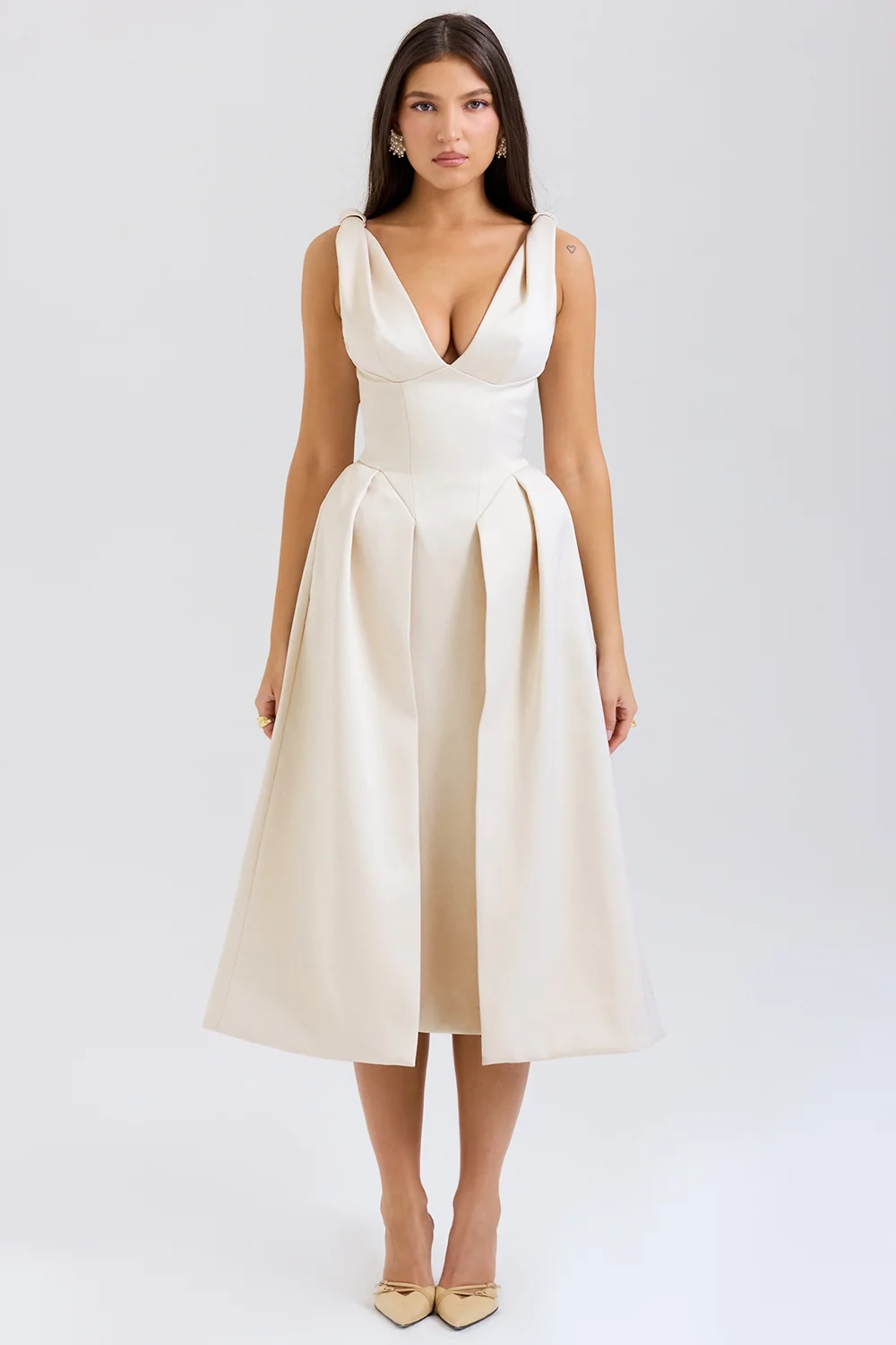 vintage cream satin pleated midi dress - sale