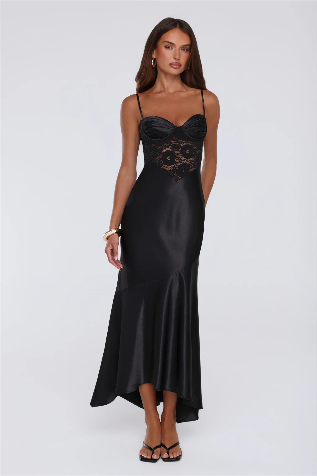 Sultry Horizon Satin Lace Maxi Dress Black