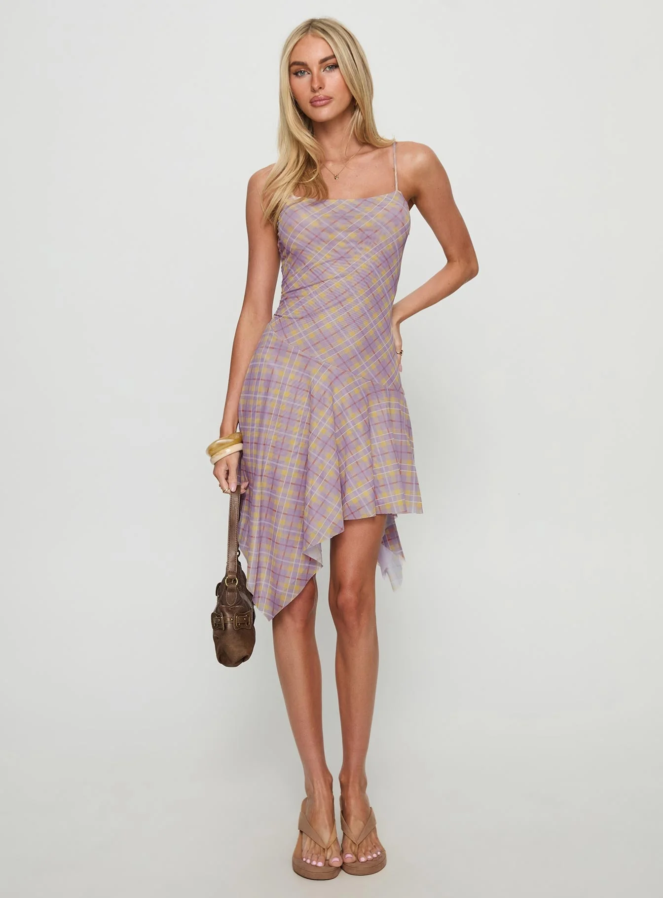 Celinda Asymmetrical Midi Dress Pink Multi Check