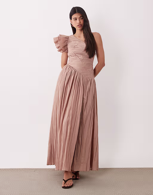 ASOS LUXE one shoulder maxi dress with pleat bodice in mocha