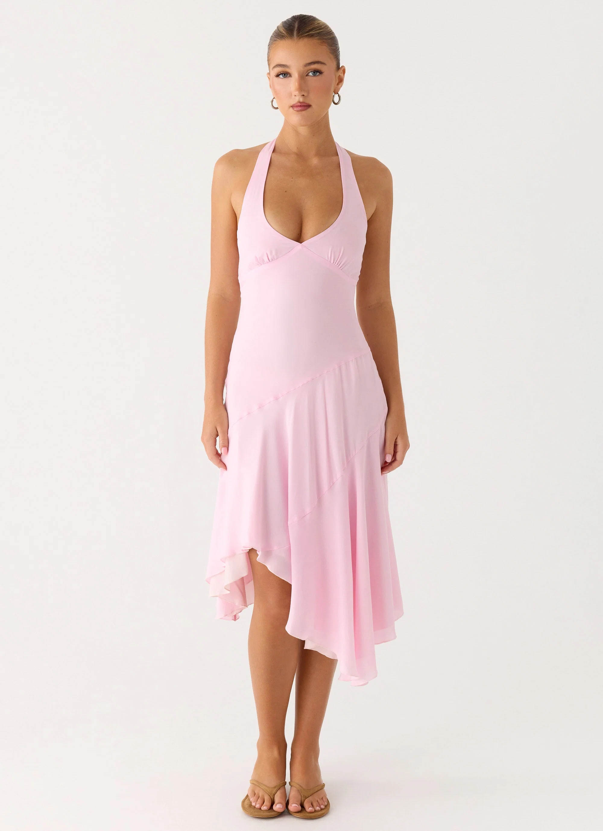 Faelie Halter Neck Asymmetrical Midi Dress - Pink