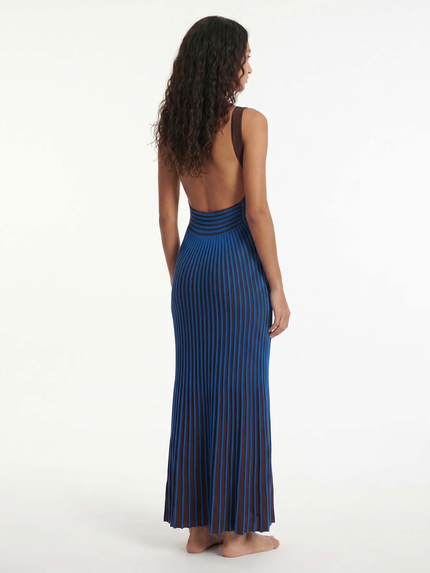 Indigo Stripe Pleated Midi Dress