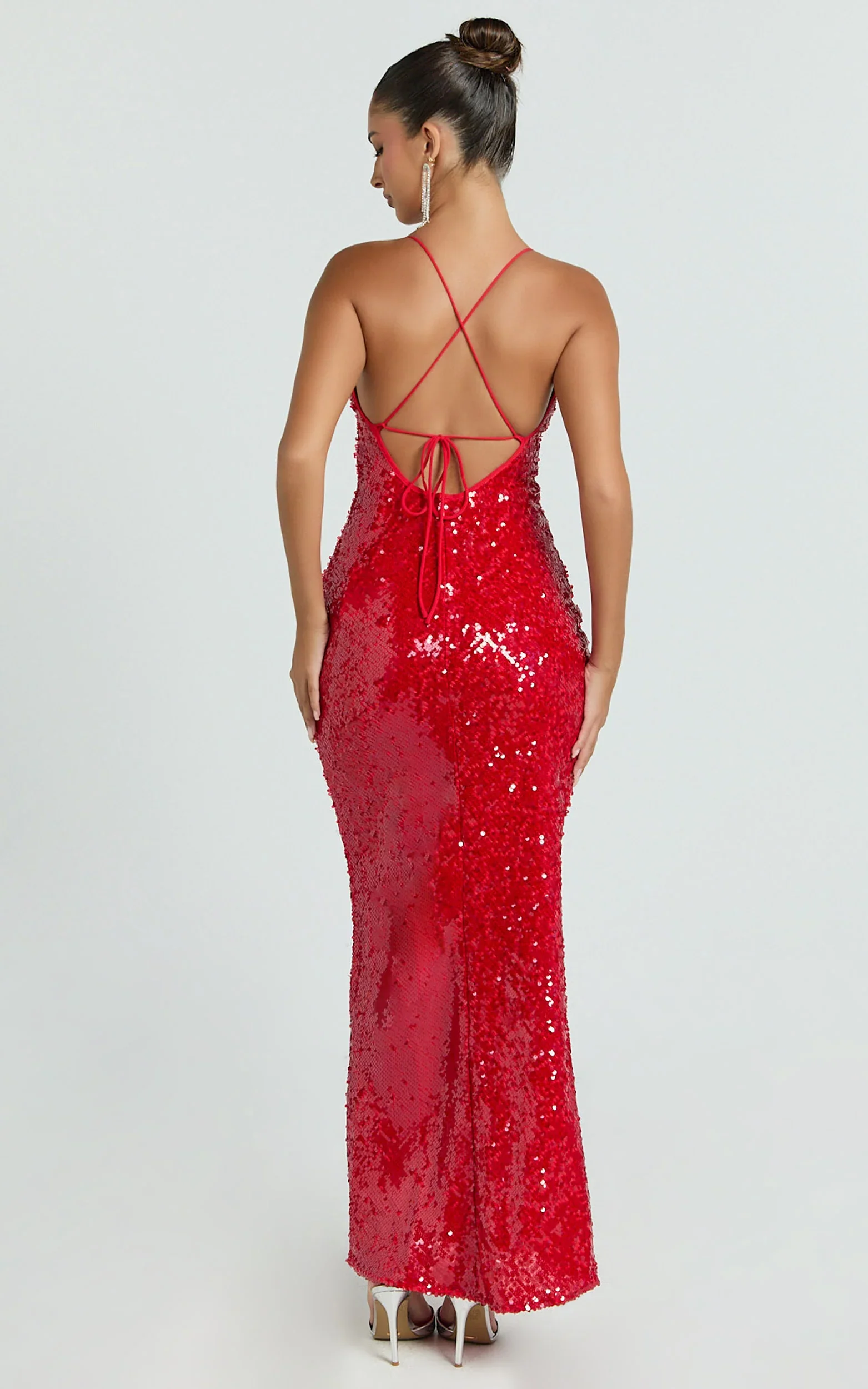 Finn Maxi Dress - Plunge Neck Sheer Sequin Slip Dress in Red