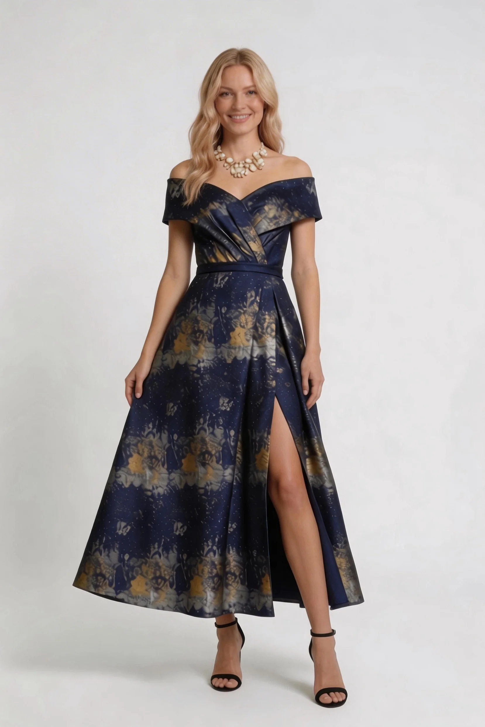 A-Line Tea-Length Jacquard Mother of the Bride Dress CM0429