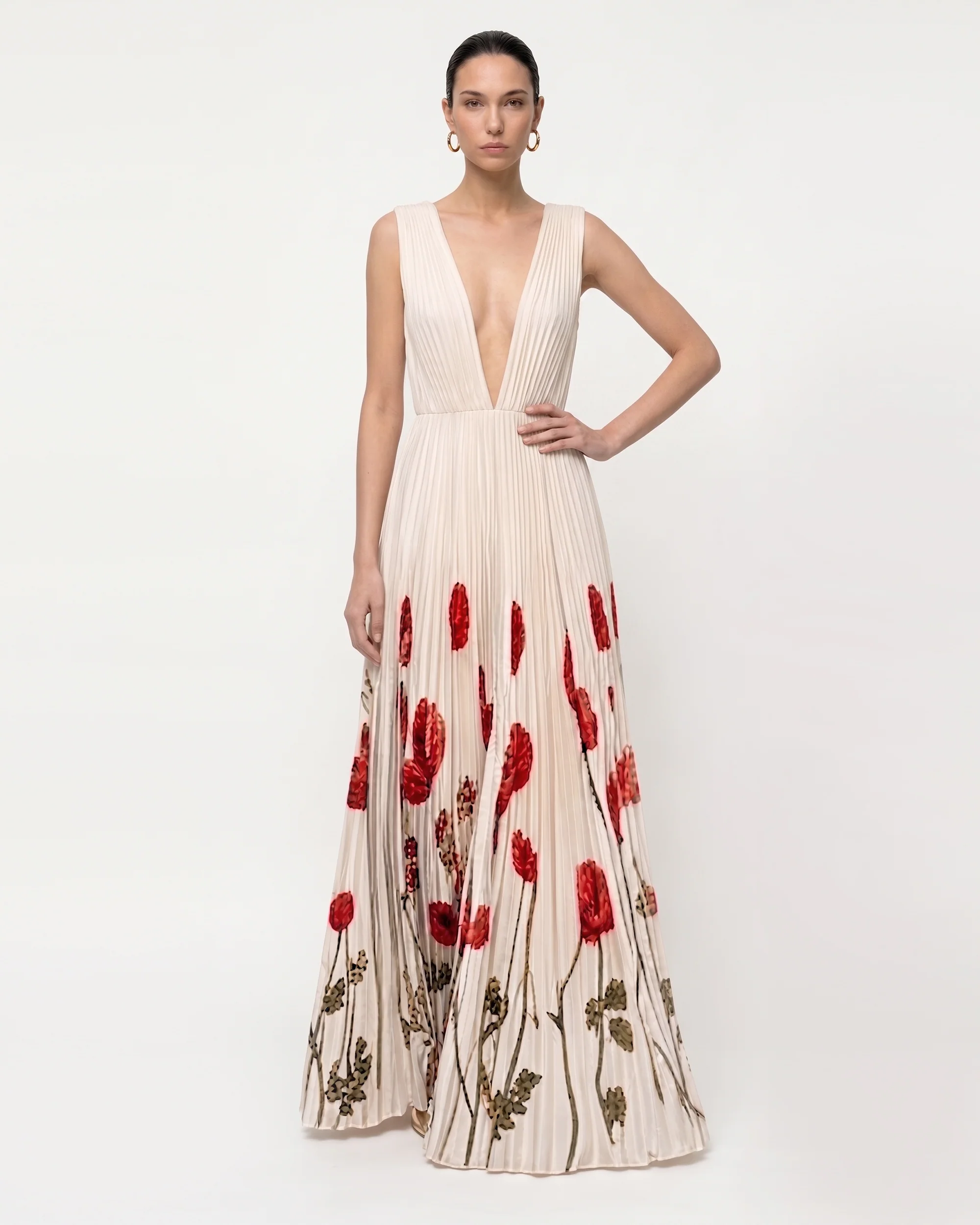 Printed Corn Poppy Plissé Plunge Maxi Dress - Ivory