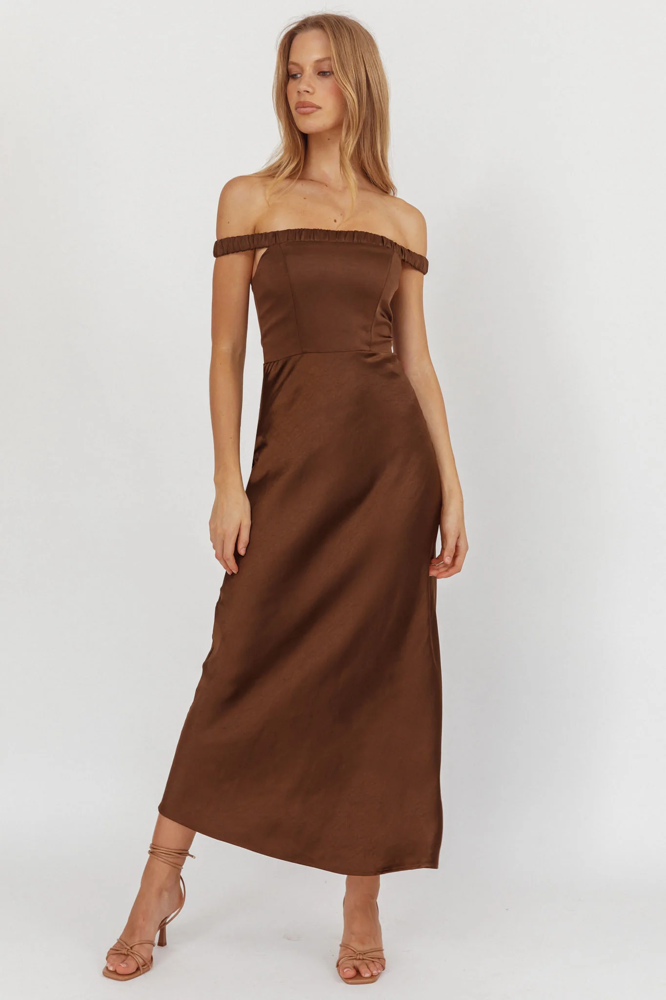 Cari Off-Shoulder Strap Maxi Dress Chocolate