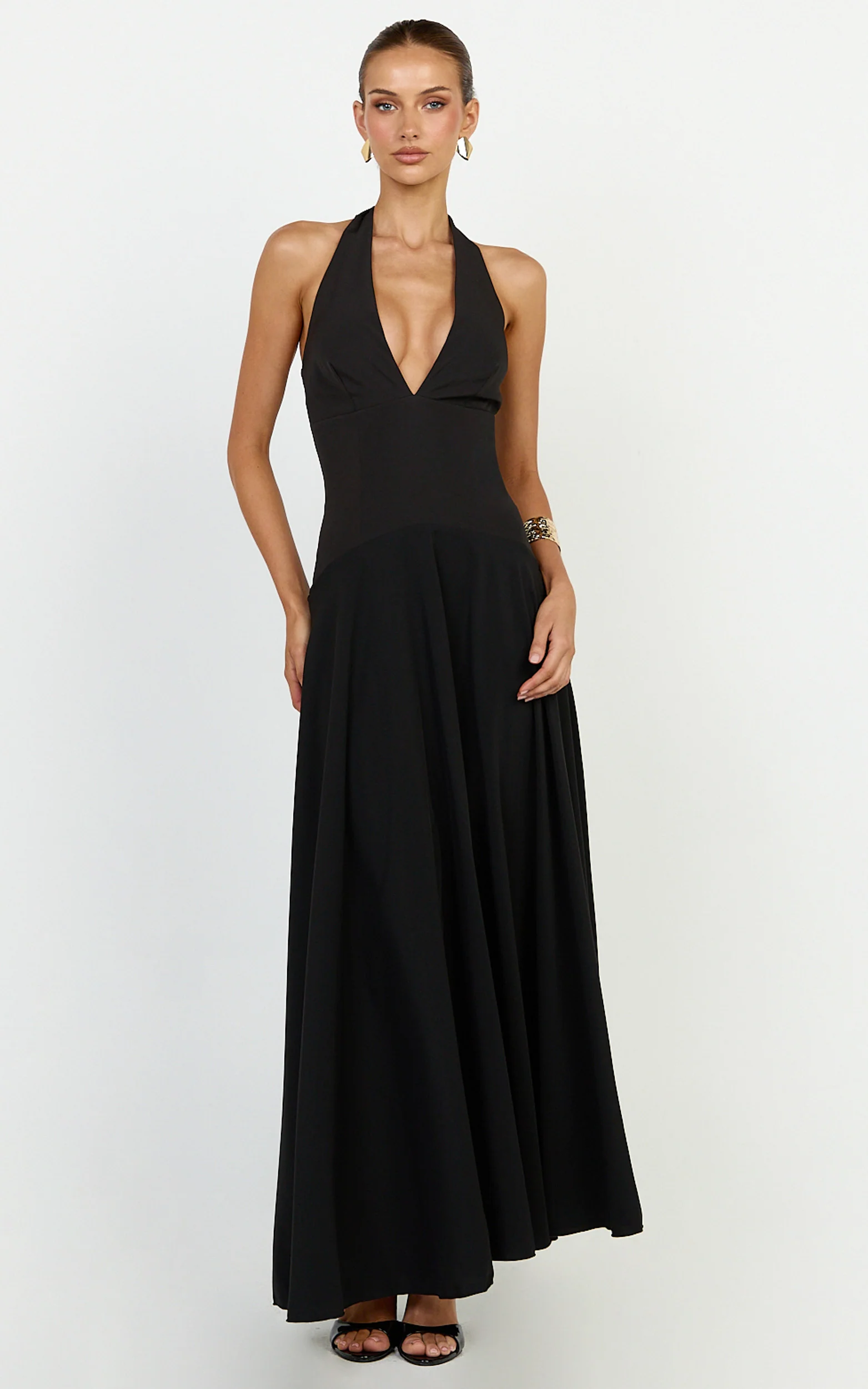 Poppy Maxi Dress - Contrast Skirt Deep Plunge Halter Dress in Black