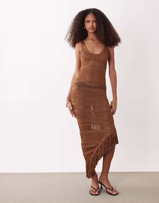 River Island metallic fringed asymmetric knit midi dress in bronze