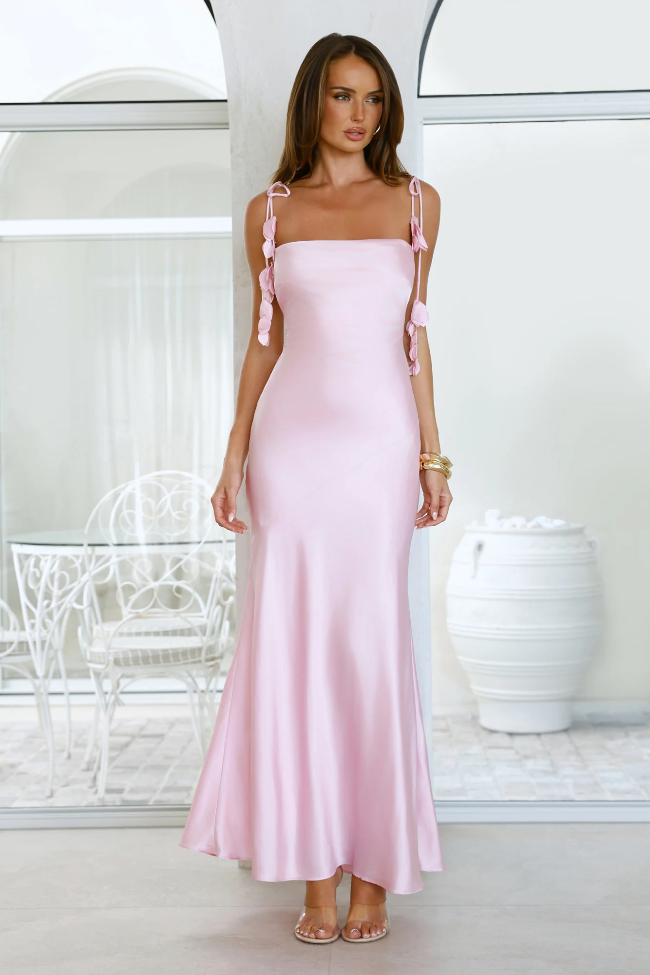Drifted In Sunlight Satin Maxi Dress Pink