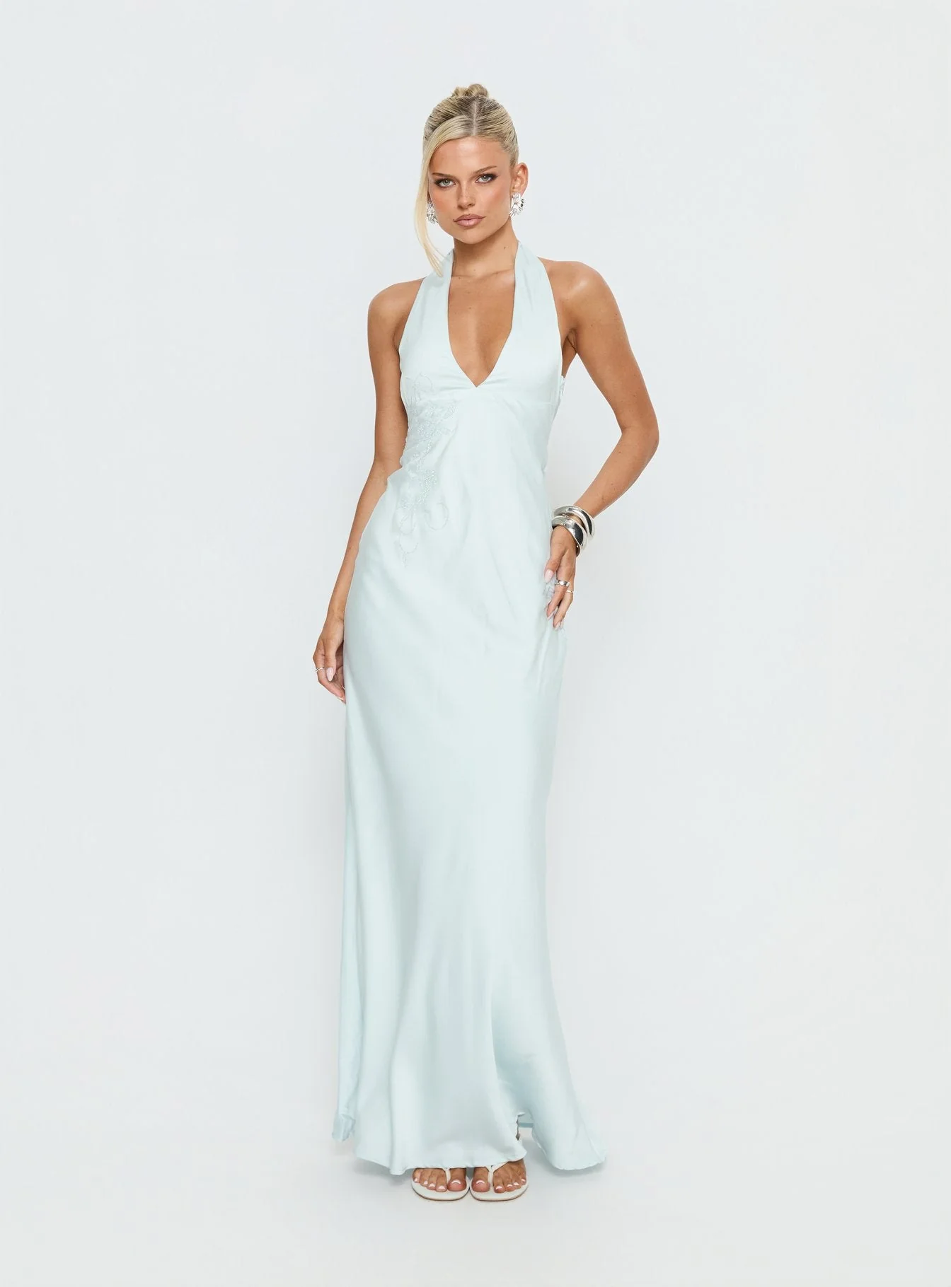 Strawberry Clouds Hotstone Satin Maxi Dress Icy Blue