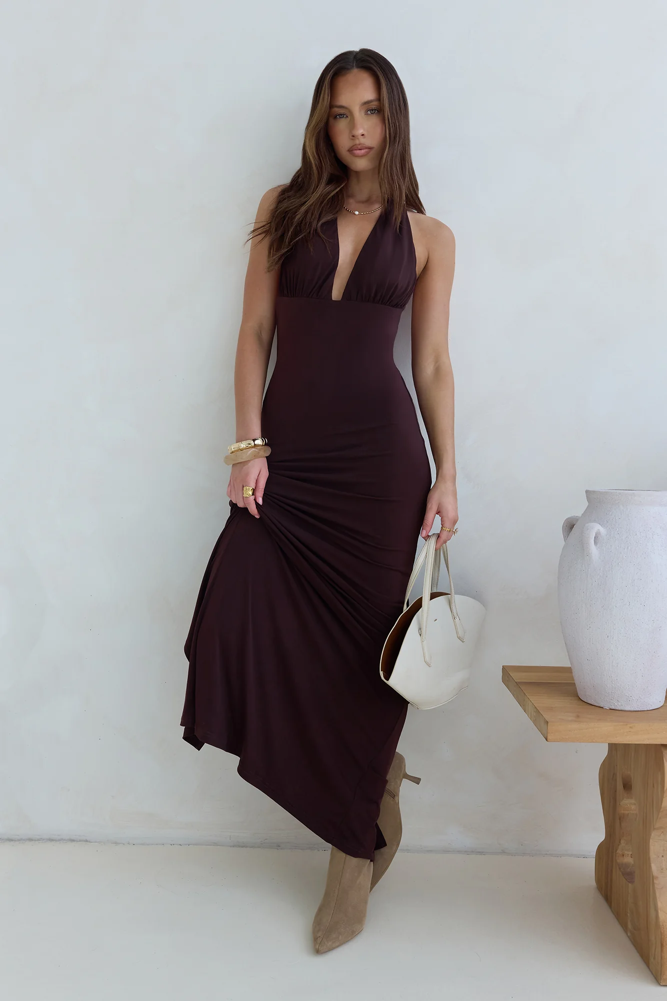 Iconic Evening Halter Maxi Dress Brown