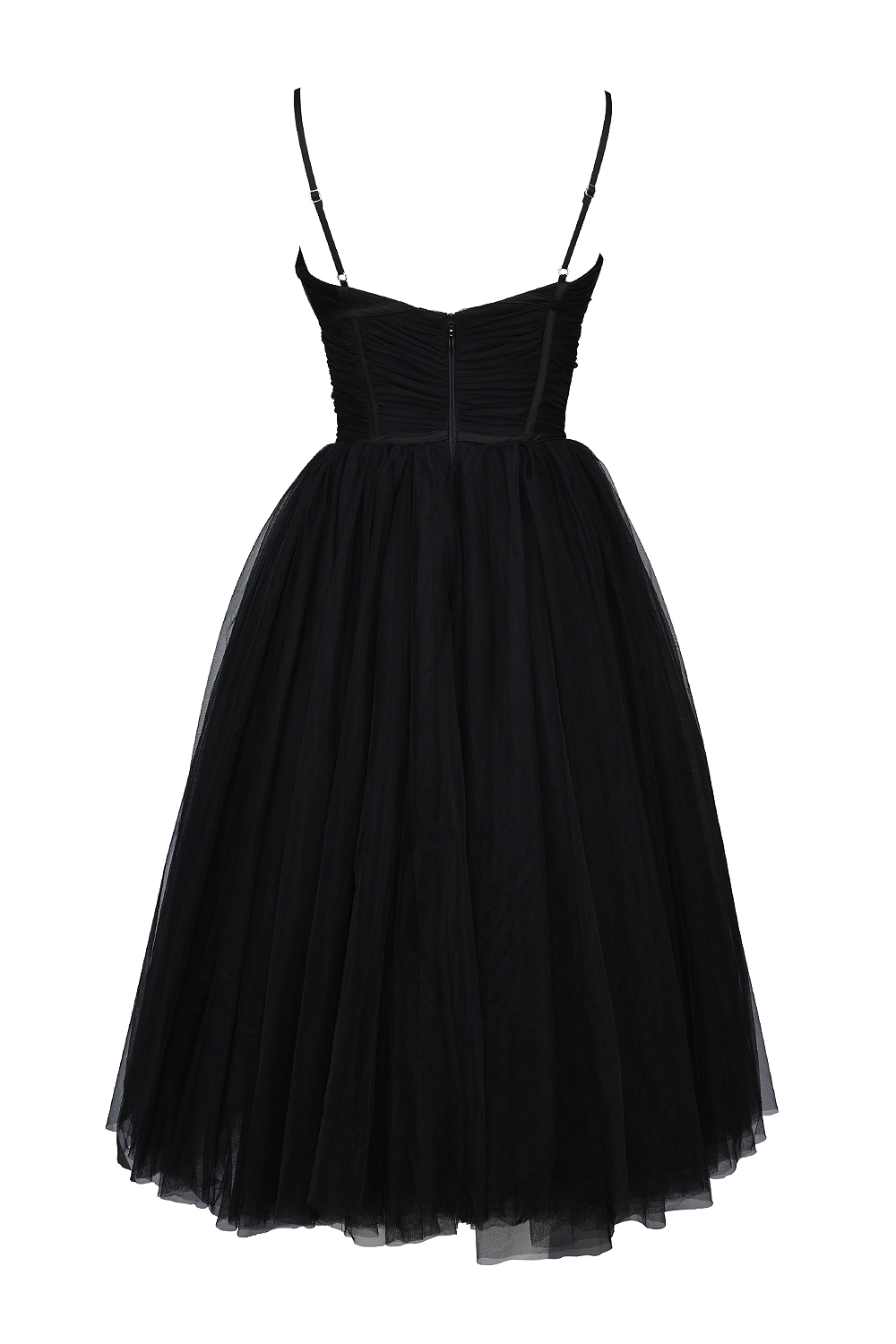 Black Tulle Ruched Bodice Midi Dress