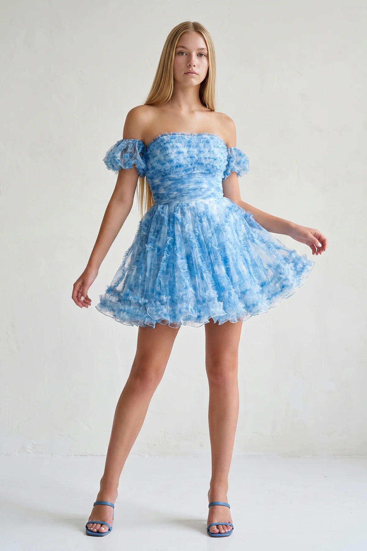 Blue Puff Sleeves Ruffles A-line Prints Homecoming Dress