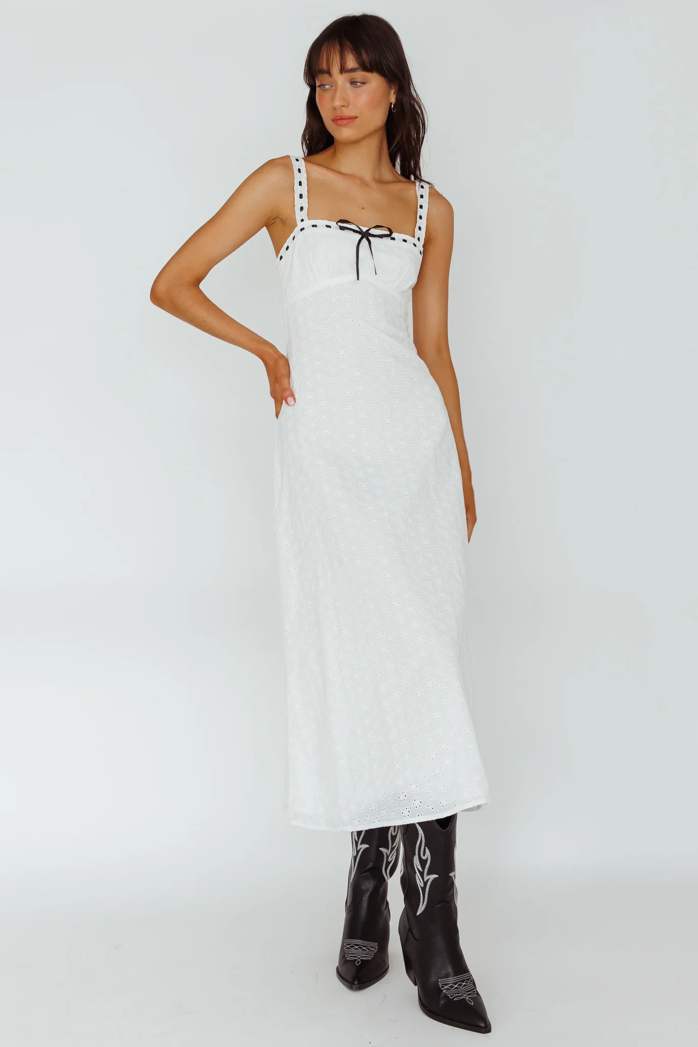 Sunbeam Eyelet Embroidery Bow Midi Dress White
