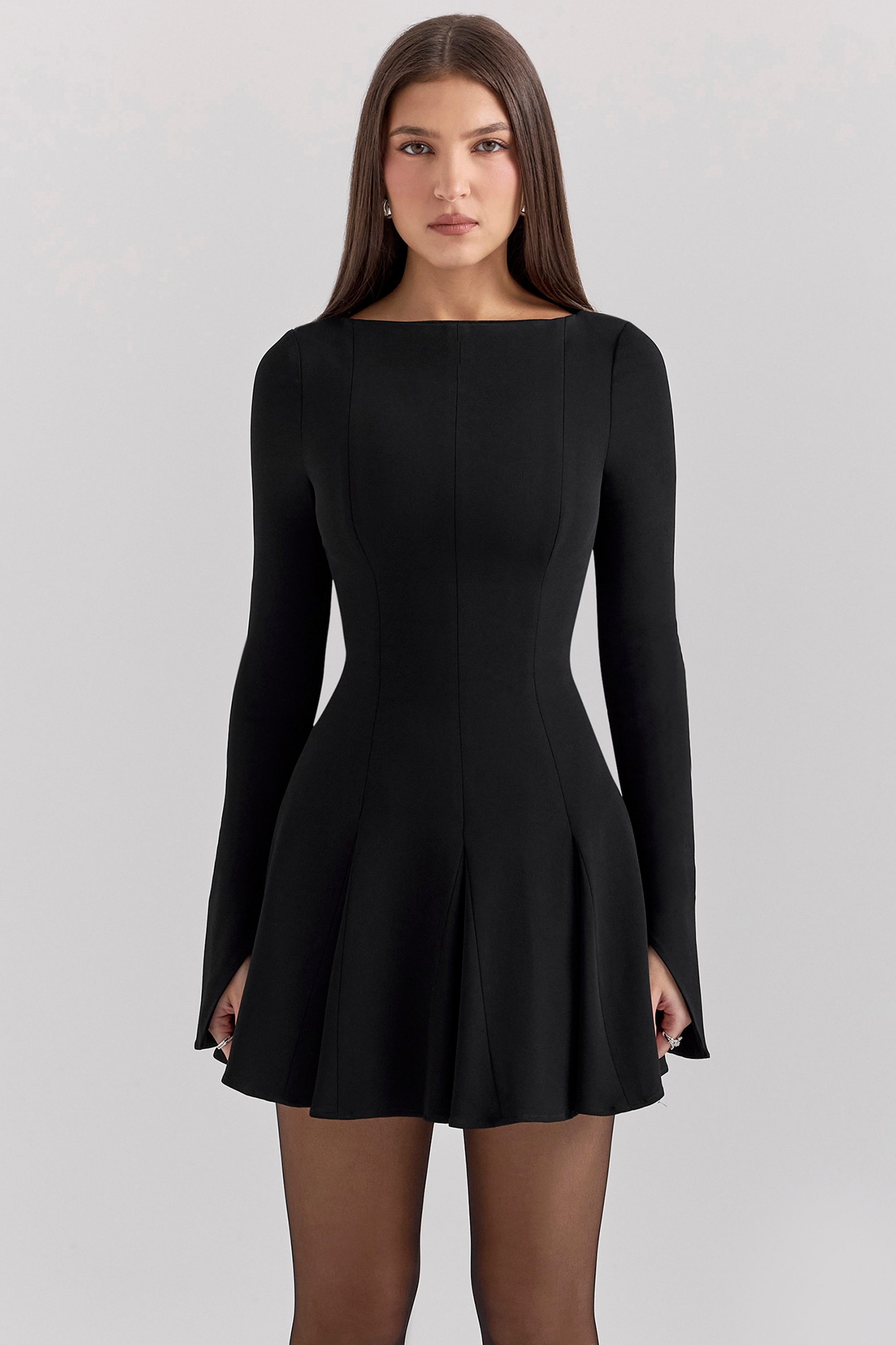 Black Stretch Crepe Godet Mini Dress
