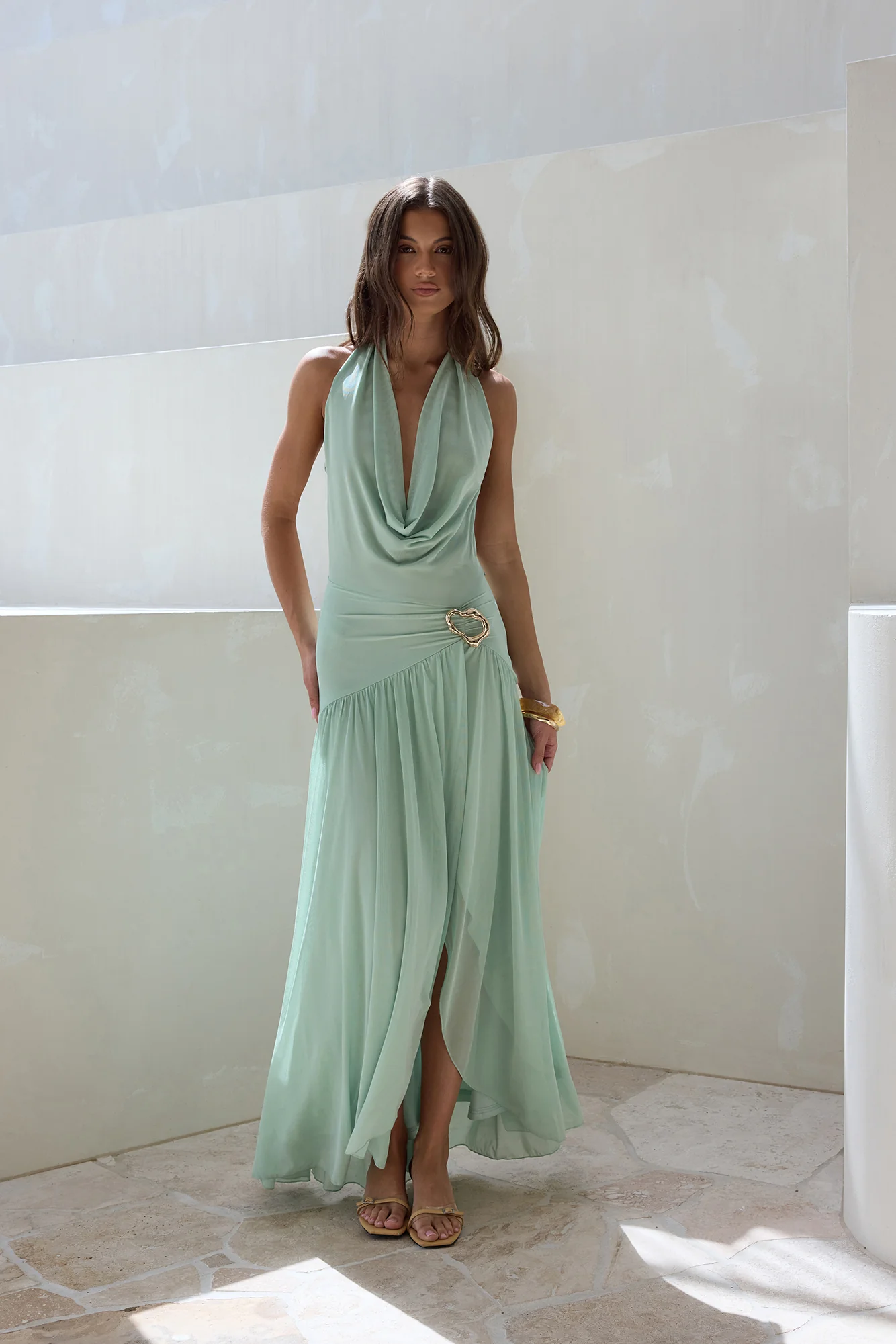 Floating Clouds Halter Mesh Maxi Dress Sage