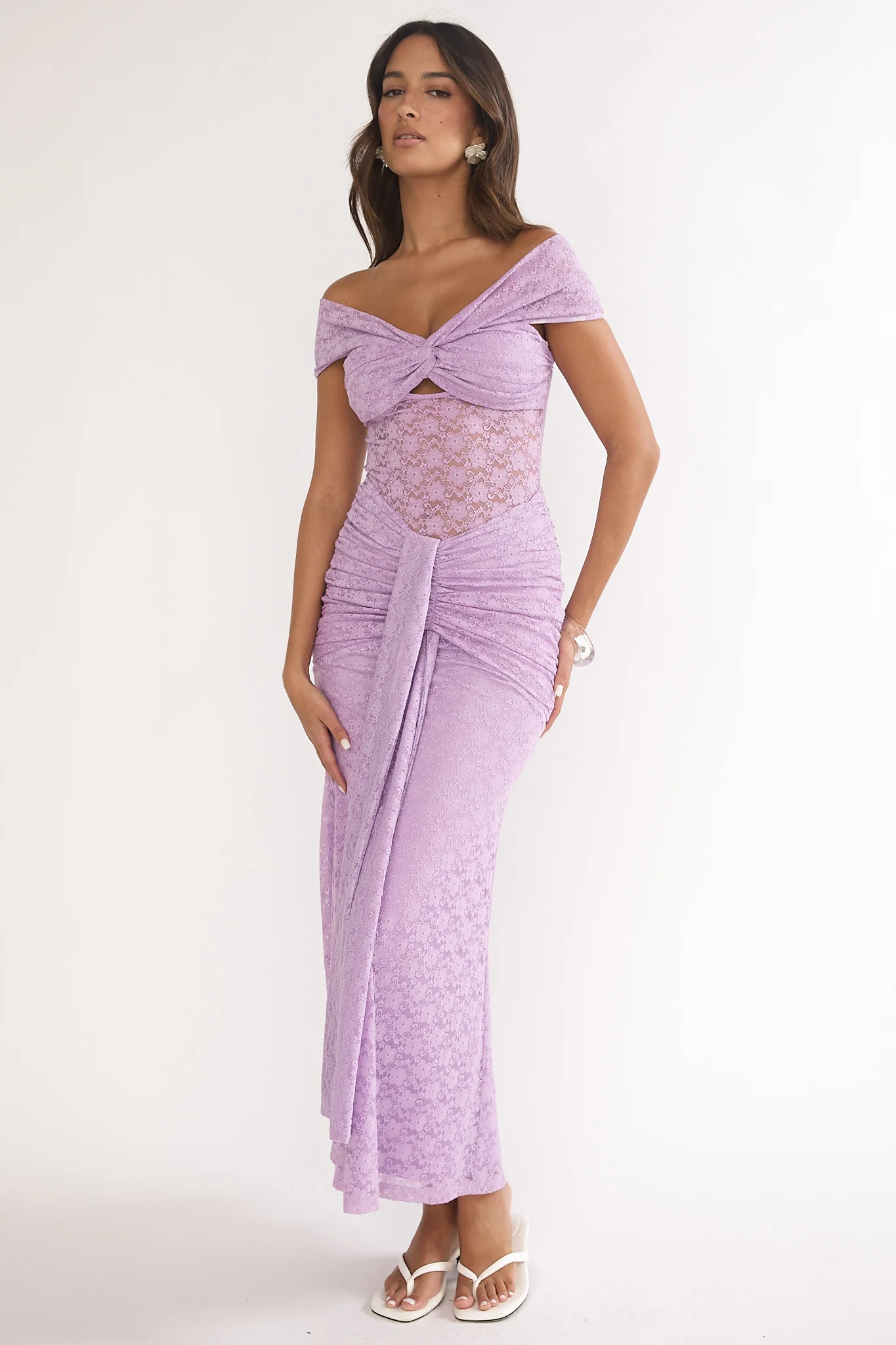 Kamilah Ruched Lace Maxi Dress Lilac