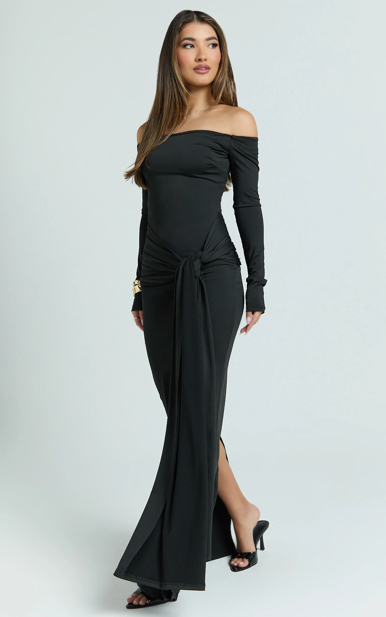 Judith Maxi Dress - Boat Neck Backless Tie Front Long Sleeve Jersey Dress in Black