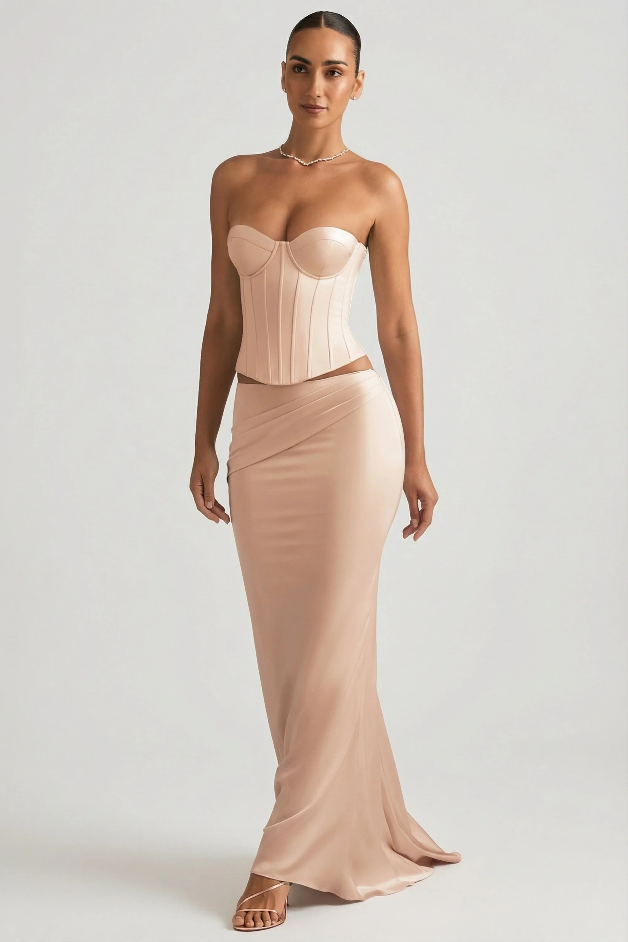 Draped Low-Rise Maxi Skirt in Beige Gold