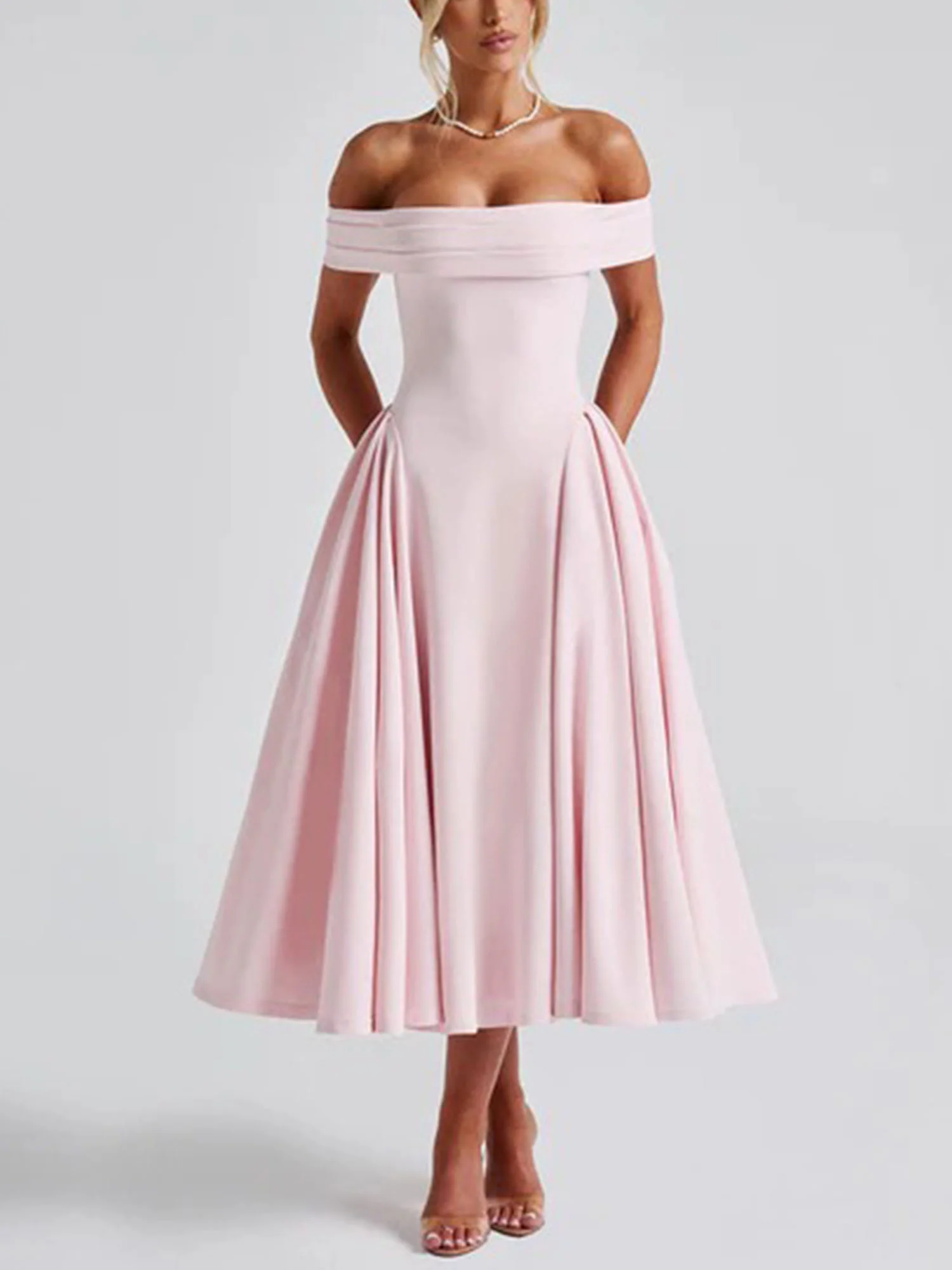 Pink Off-Shoulder Vintage-Inspired Midi Dress