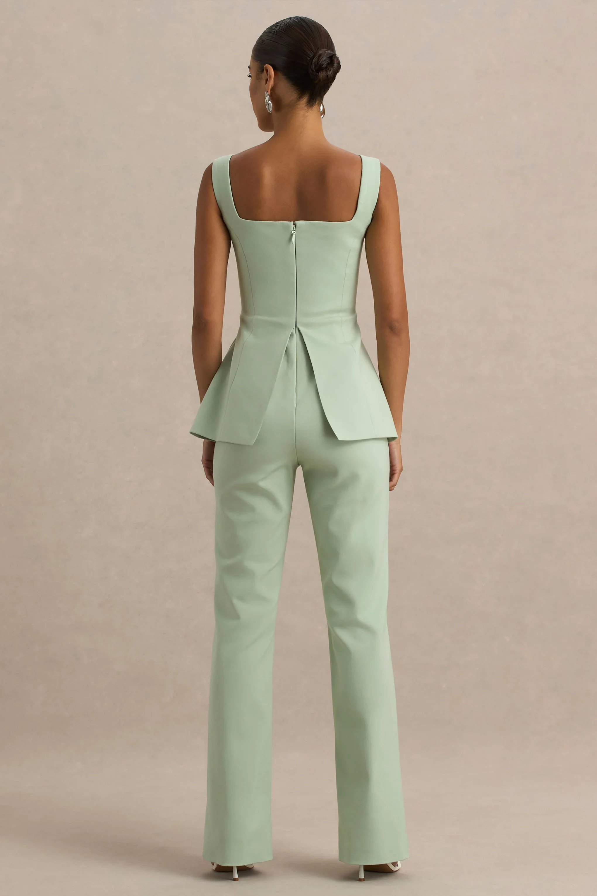Aceline | Light Green Square-Neck Tailored Jumpsuit