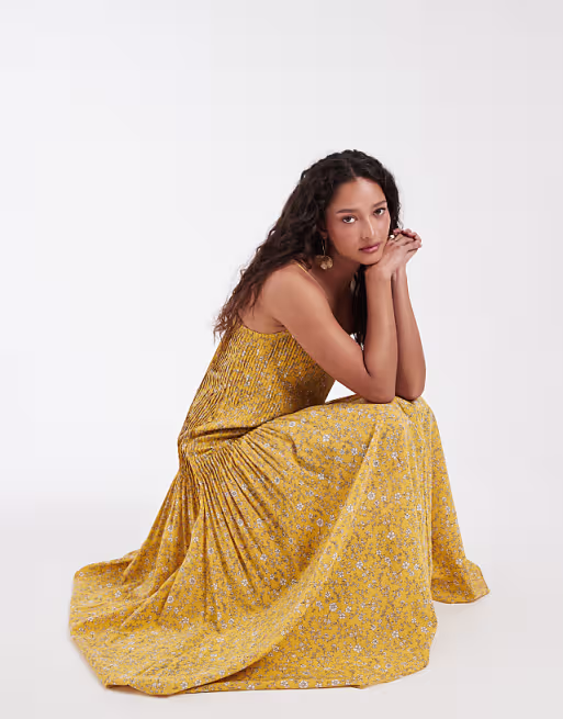 & Other Stories drop waist maxi dress with pleated skirt in yellow print