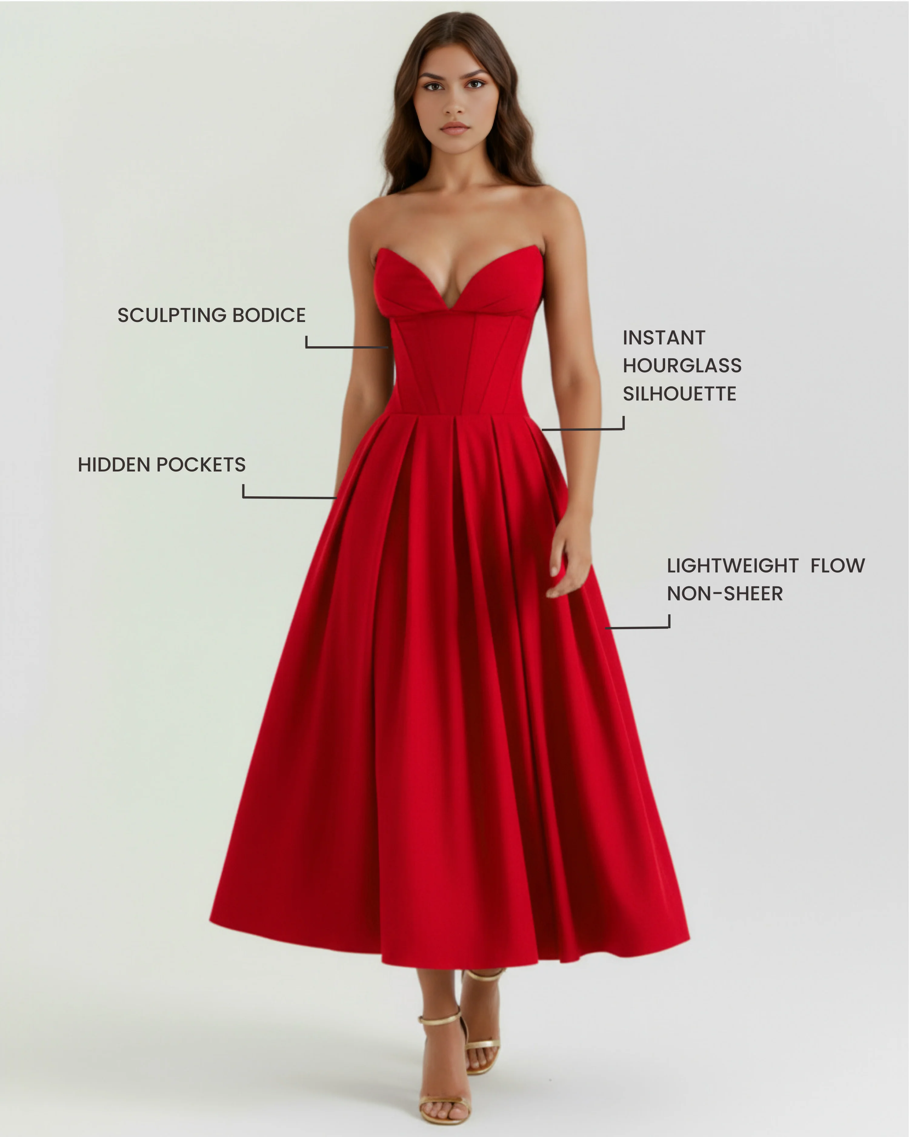 Red Corset Midi Dress with Pockets