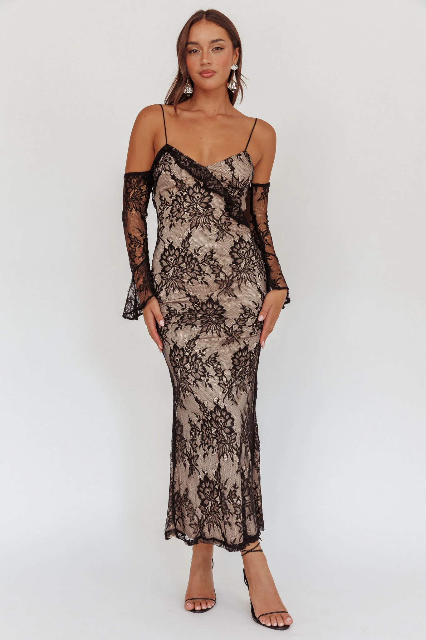 Zarah Off-Shoulder Sleeve Lace Maxi Dress Black - luluinthesky