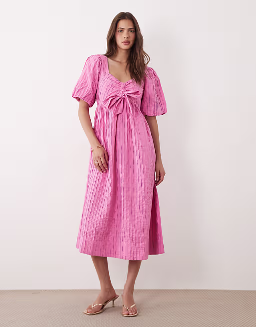 YAS puff sleeve bow front textured midi dress in pink