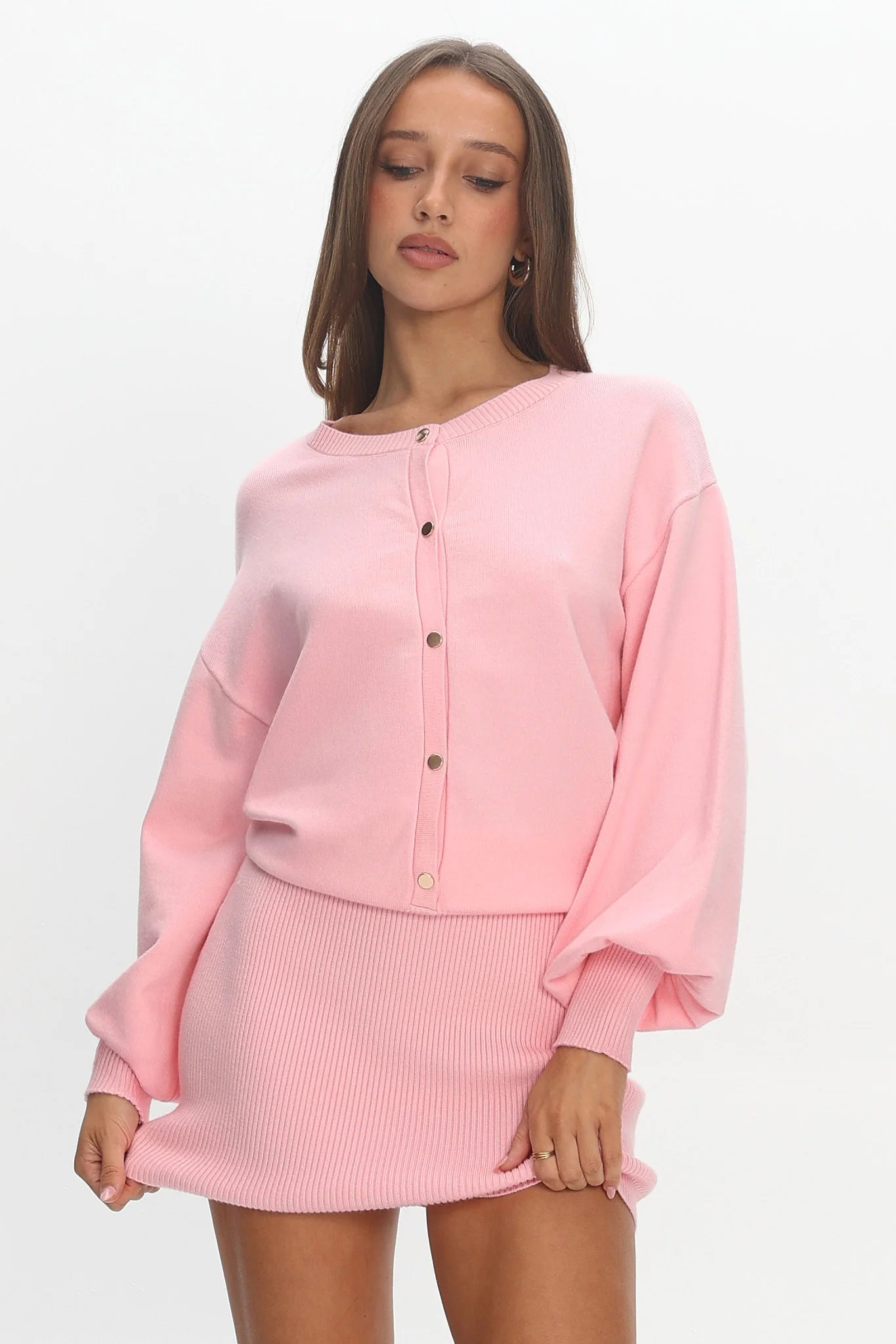 Azari Buttoned Knit Mini Dress Dusty Pink
