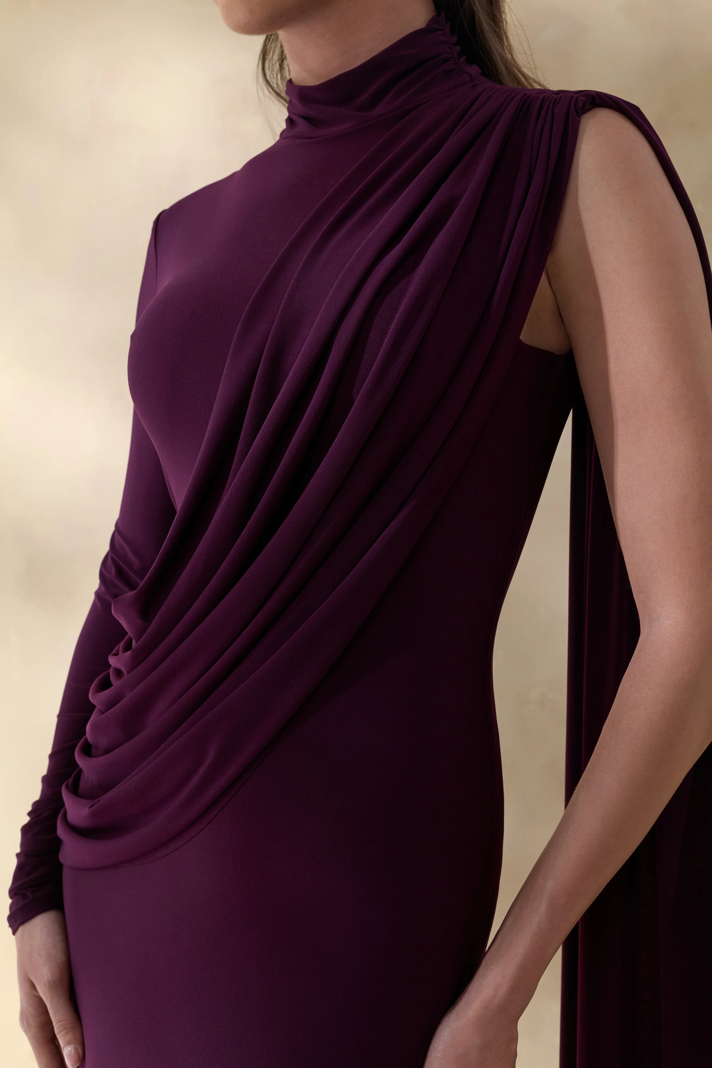 Oliria | Dark Plum High-Neck Maxi Dress With One-Long Sleeve And Sash-Detail