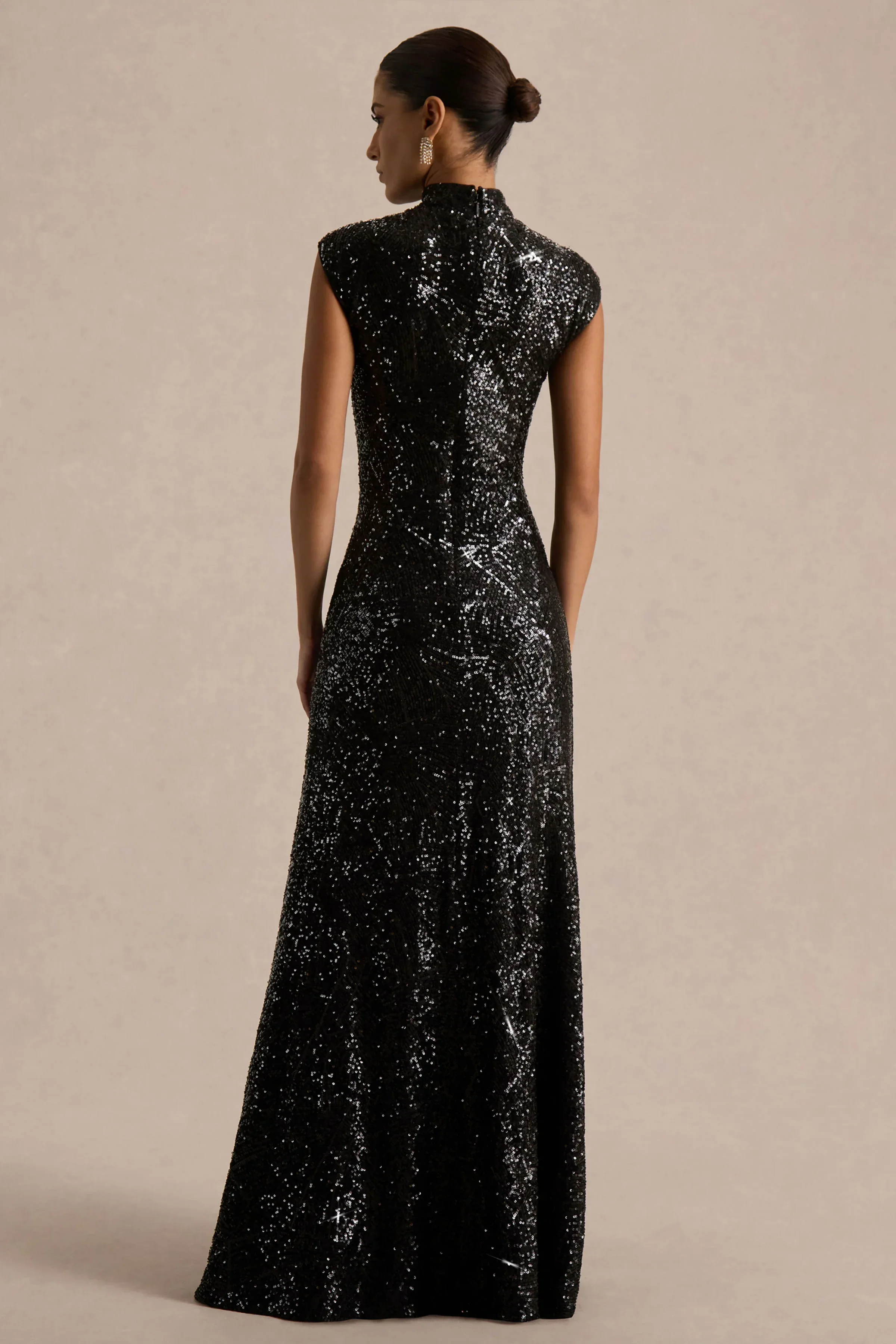 Cecy | Black Sequin High-Neck Maxi Dress With Cap Sleeves