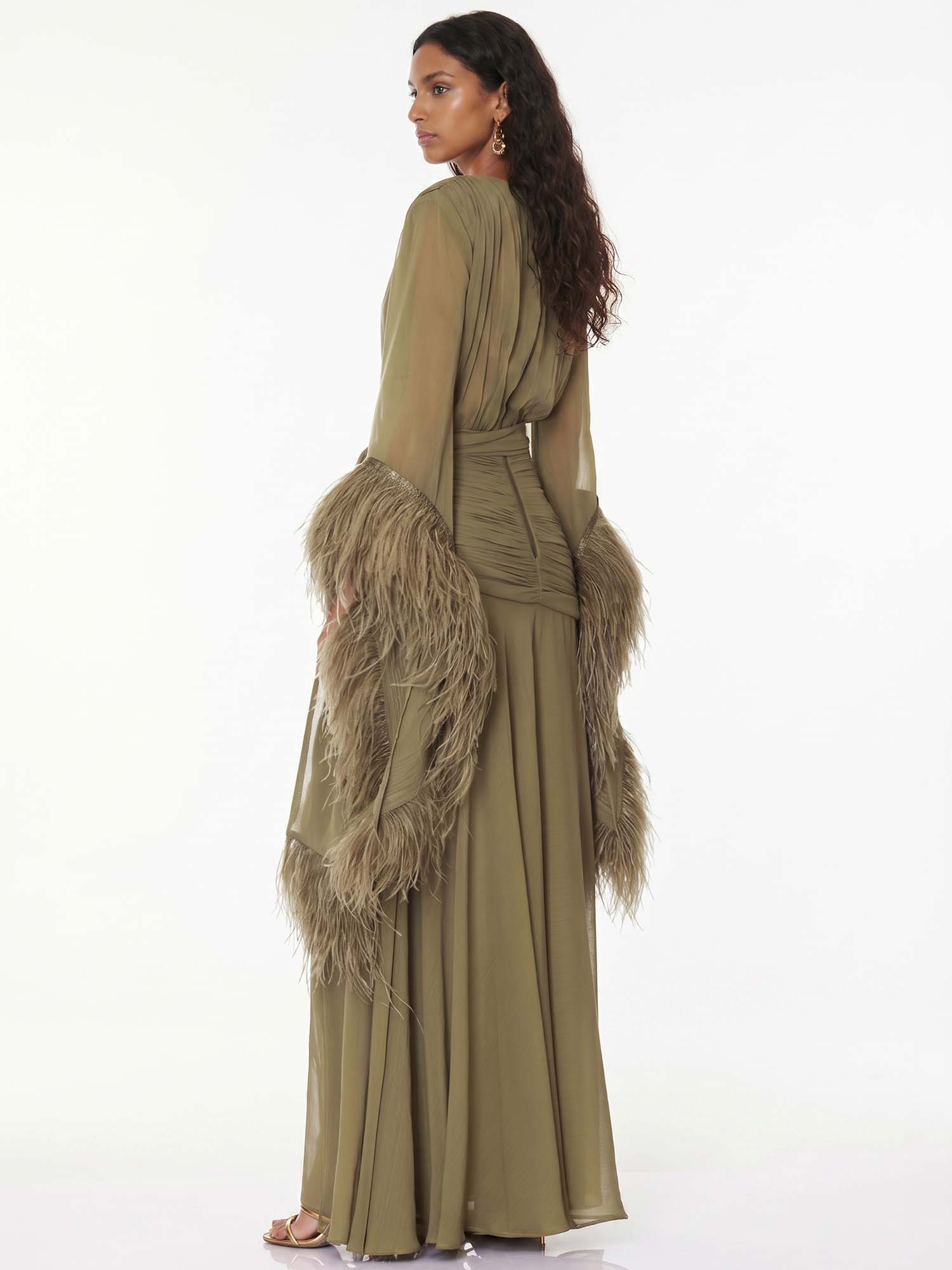 Olive Feather Reverie Maxi Dress