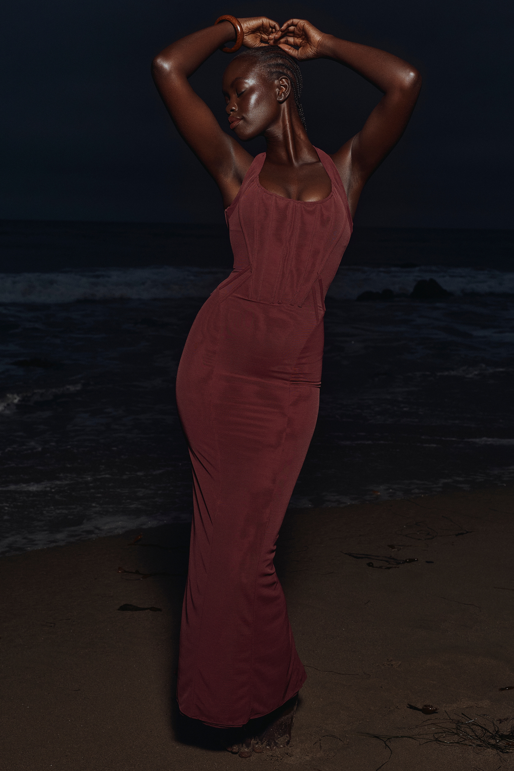 grape stretch mesh halter neck midi dress