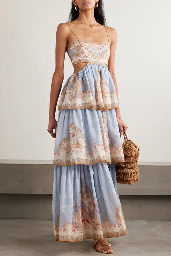 Daylight Unique Print Cutout Waist Back Lace-up Tiered Hem Maxi Dress - luluinthesky
